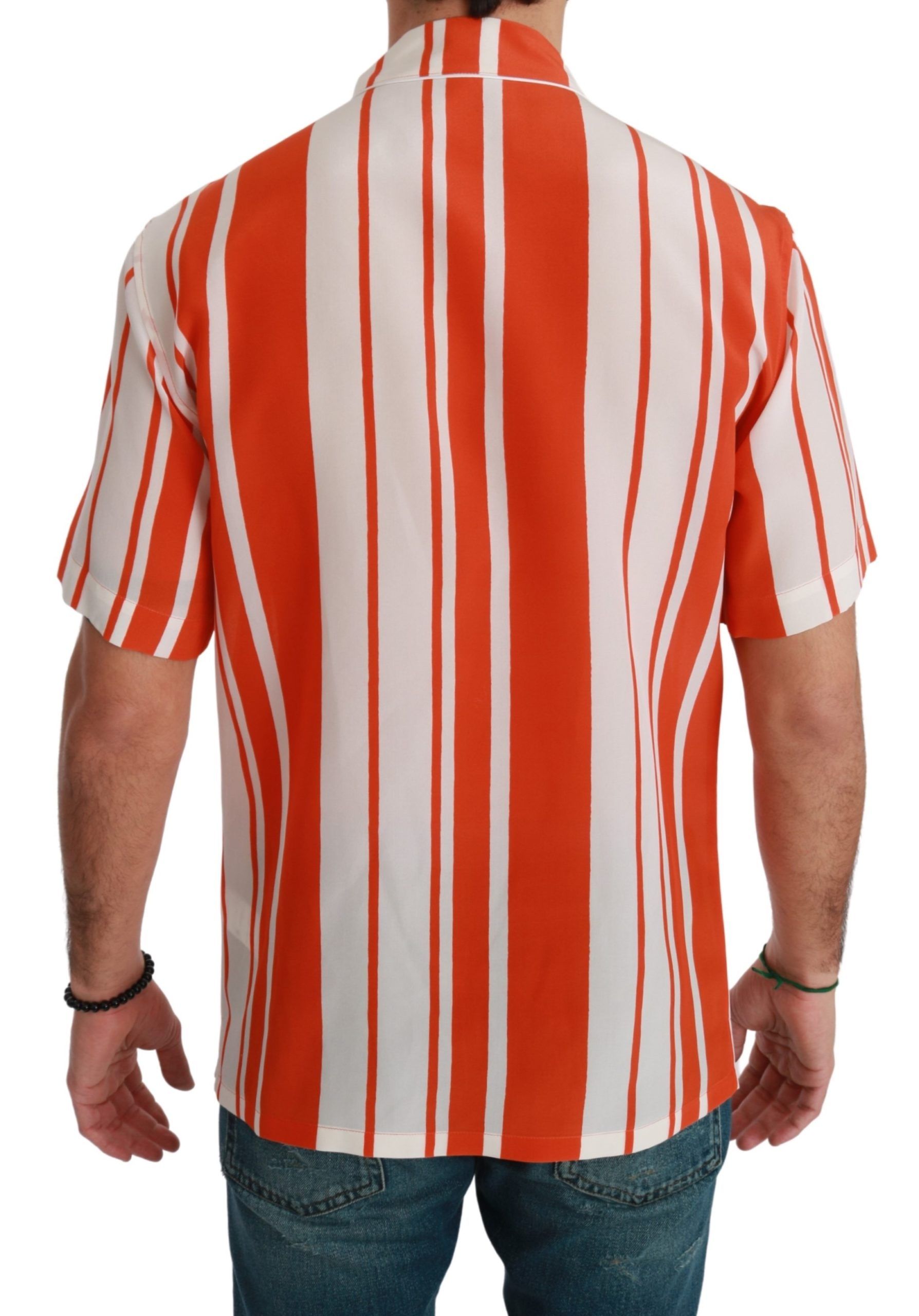 Dolce & Gabbana Orange Silk Striped Short Sleeve White Shirt