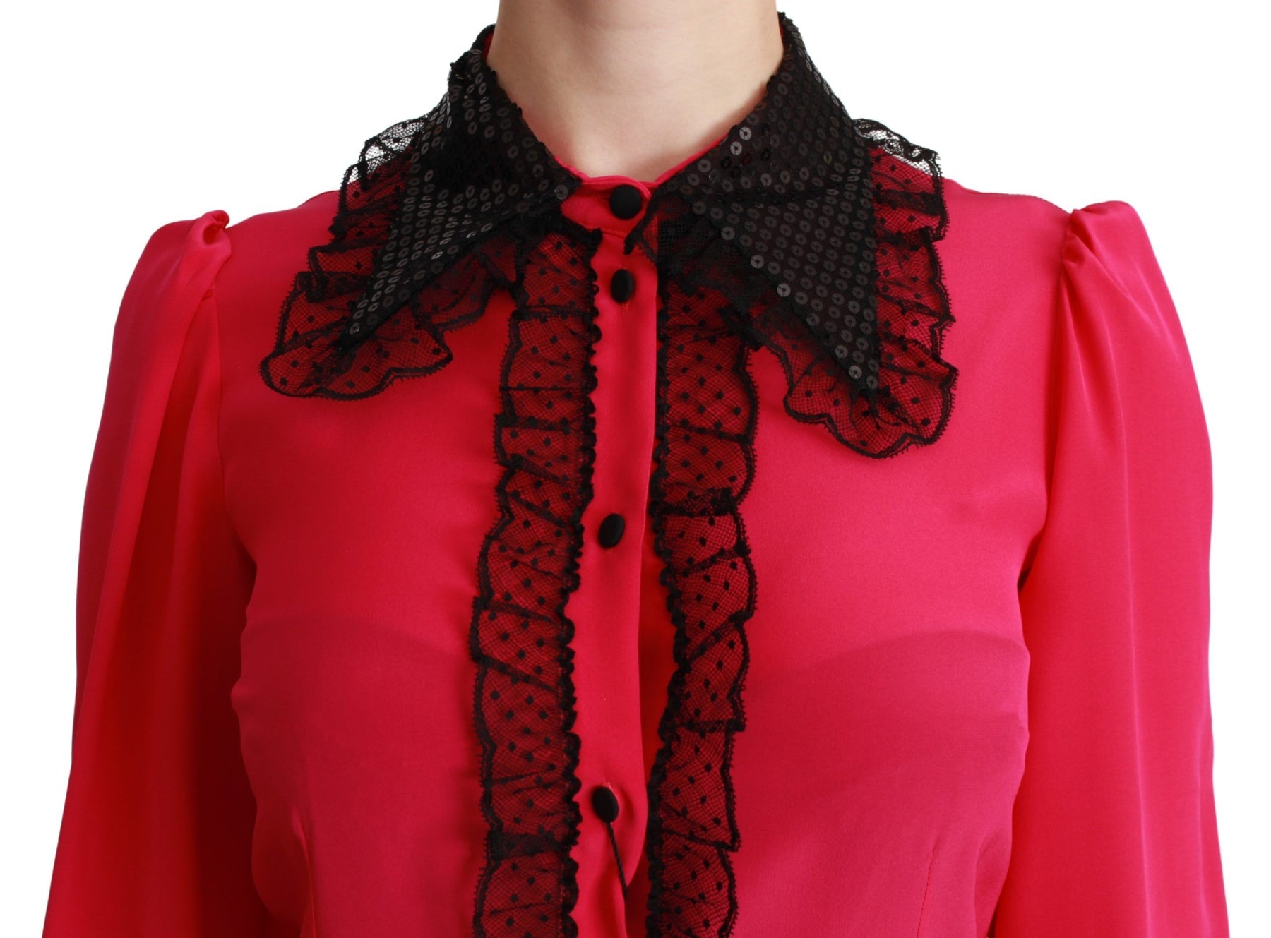 Dolce & Gabbana Pink Silk Black Sequin Lace Shirt Blouse | Regal Royce