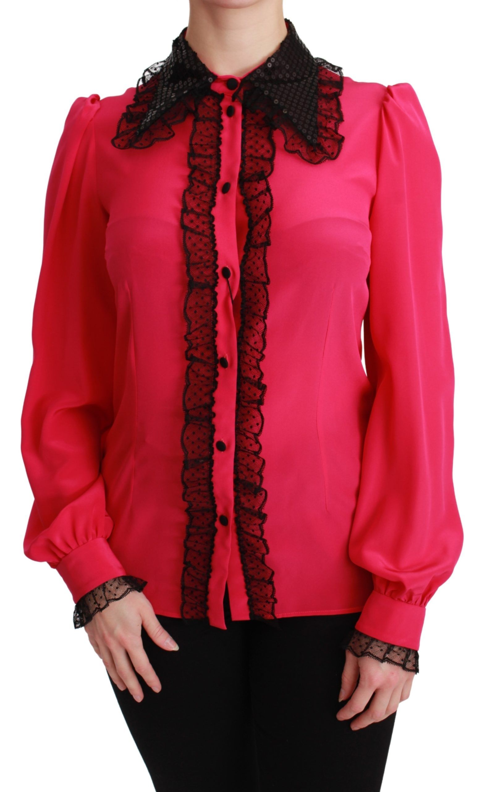 Dolce & Gabbana Pink Silk Black Sequin Lace Shirt Blouse | Regal Royce