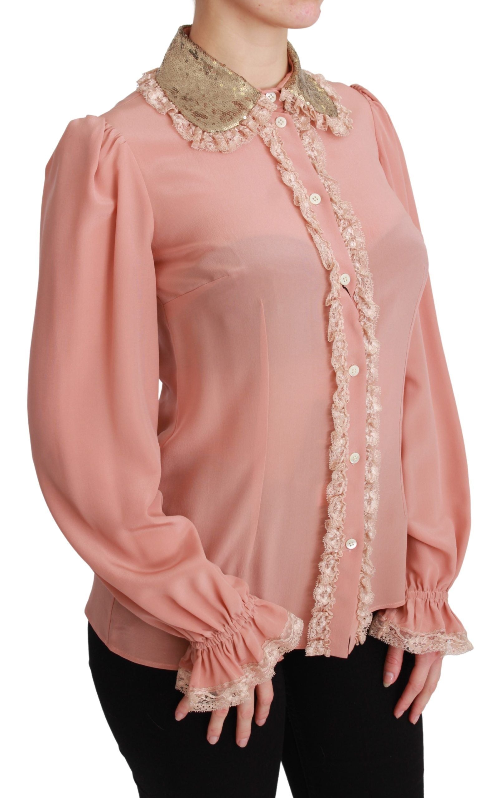 Dolce & Gabbana Pink Silk Gold Sequin Lace Blouse Shirt | Regal Royce