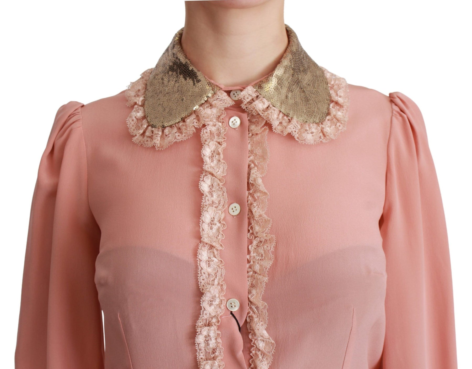 Dolce & Gabbana Pink Silk Gold Sequin Lace Blouse Shirt | Regal Royce