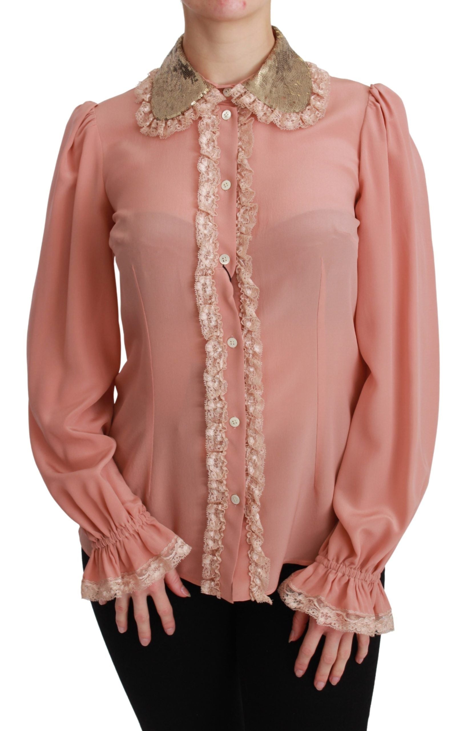 Dolce & Gabbana Pink Silk Gold Sequin Lace Blouse Shirt | Regal Royce