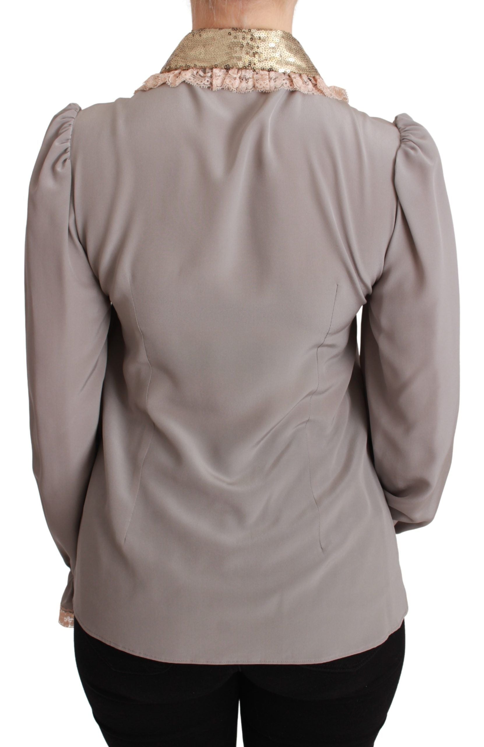 Dolce & Gabbana Gray Silk Gold Sequin Lace Blouse Shirt | Regal Royce