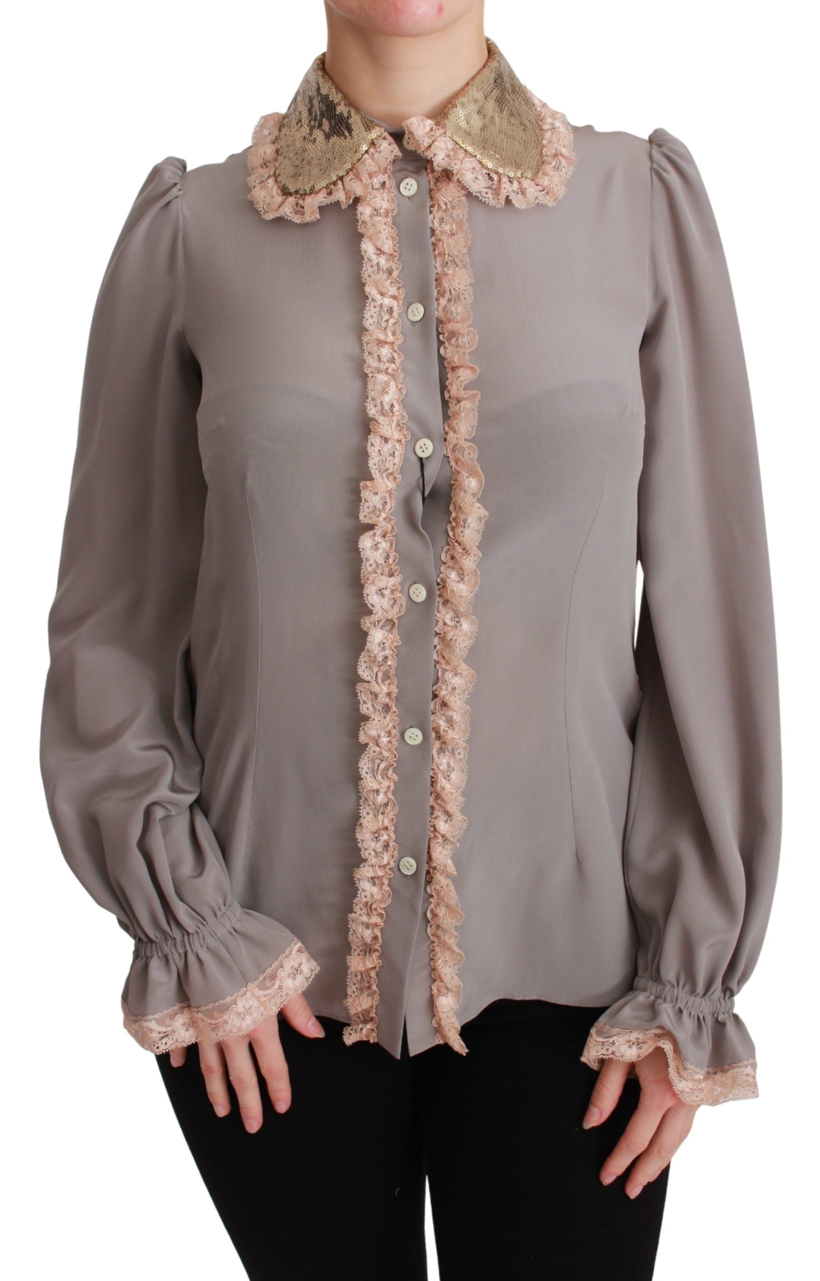 Dolce & Gabbana Gray Silk Gold Sequin Lace Blouse Shirt | Regal Royce