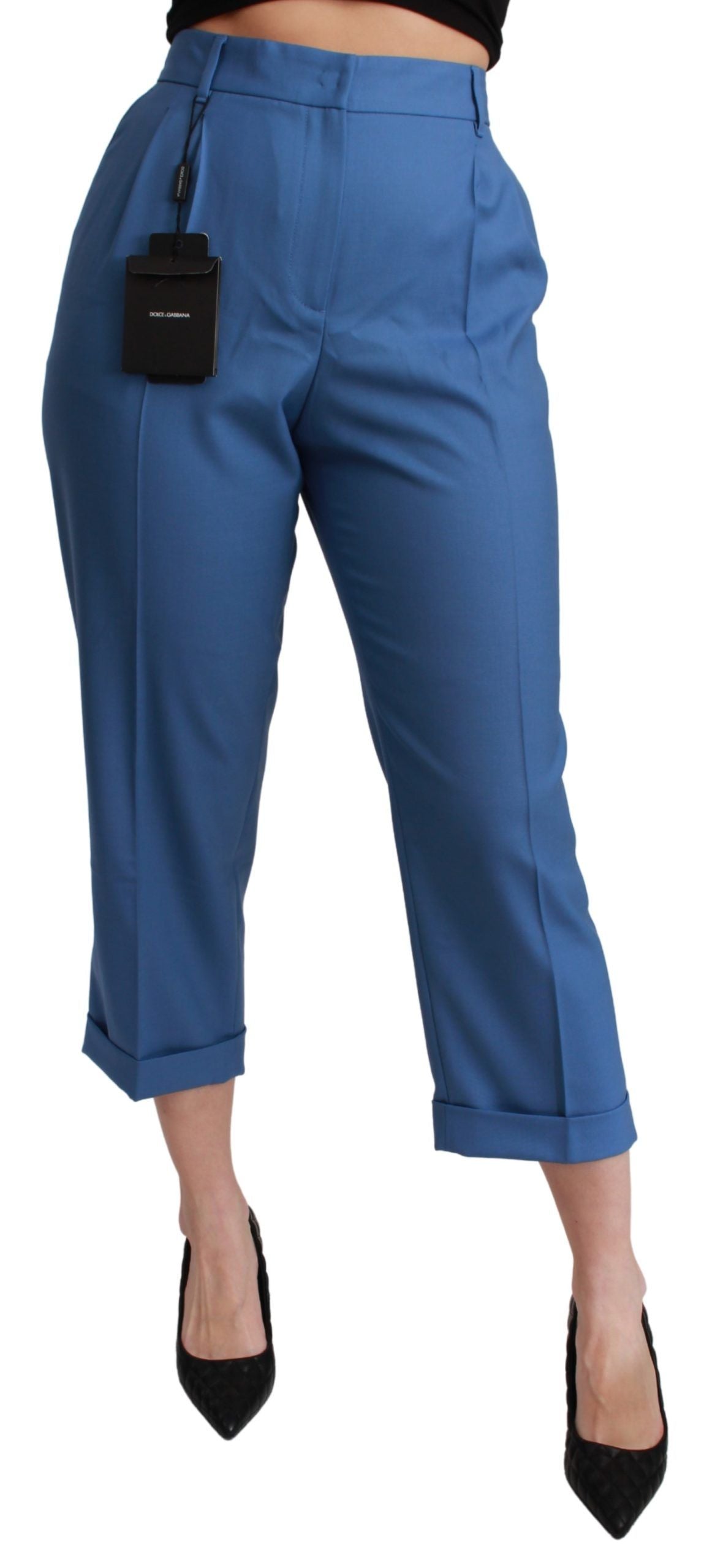 Dolce & Gabbana Blue Pleated Wool Cuffed Cropped Trouser Pants | Regal Royce