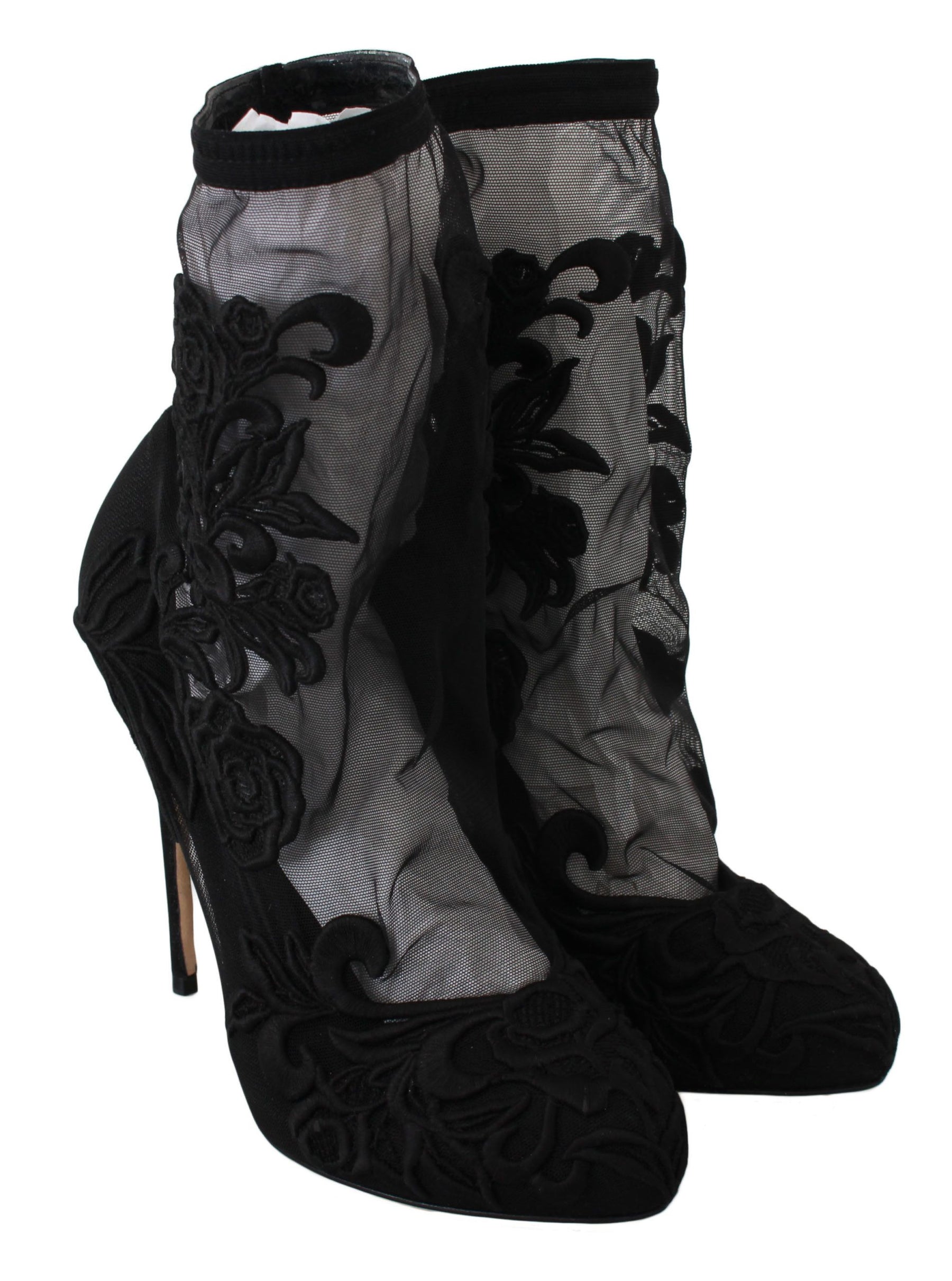 Dolce & Gabbana Black Roses Stilettos Booties Socks Shoes | Regal Royce