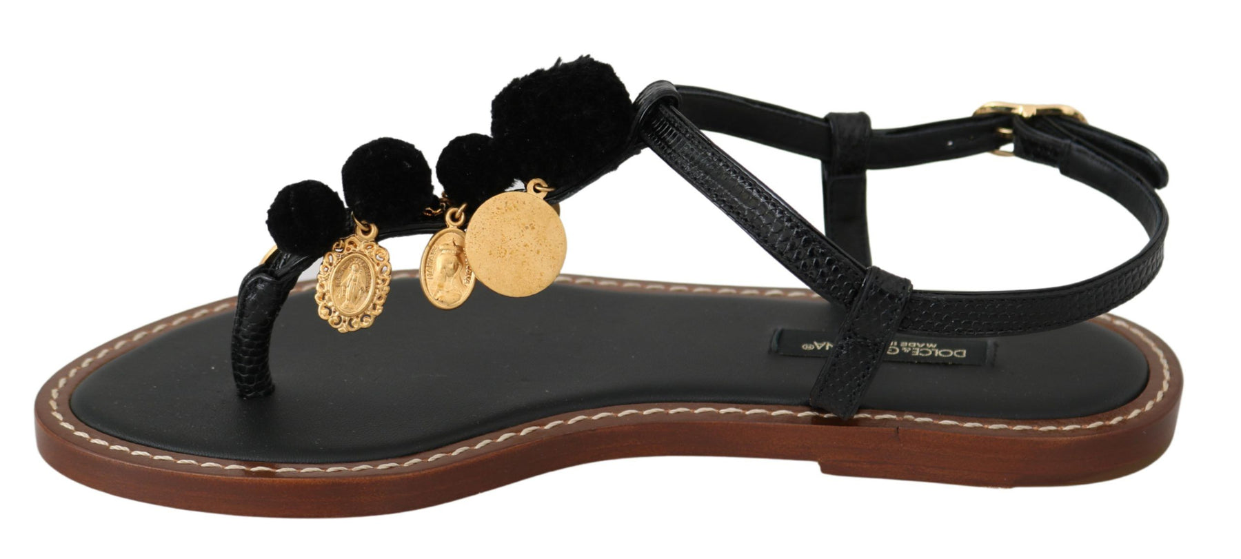 Dolce & Gabbana Black Leather Coins Flip Flops Sandals Shoes | Regal Royce