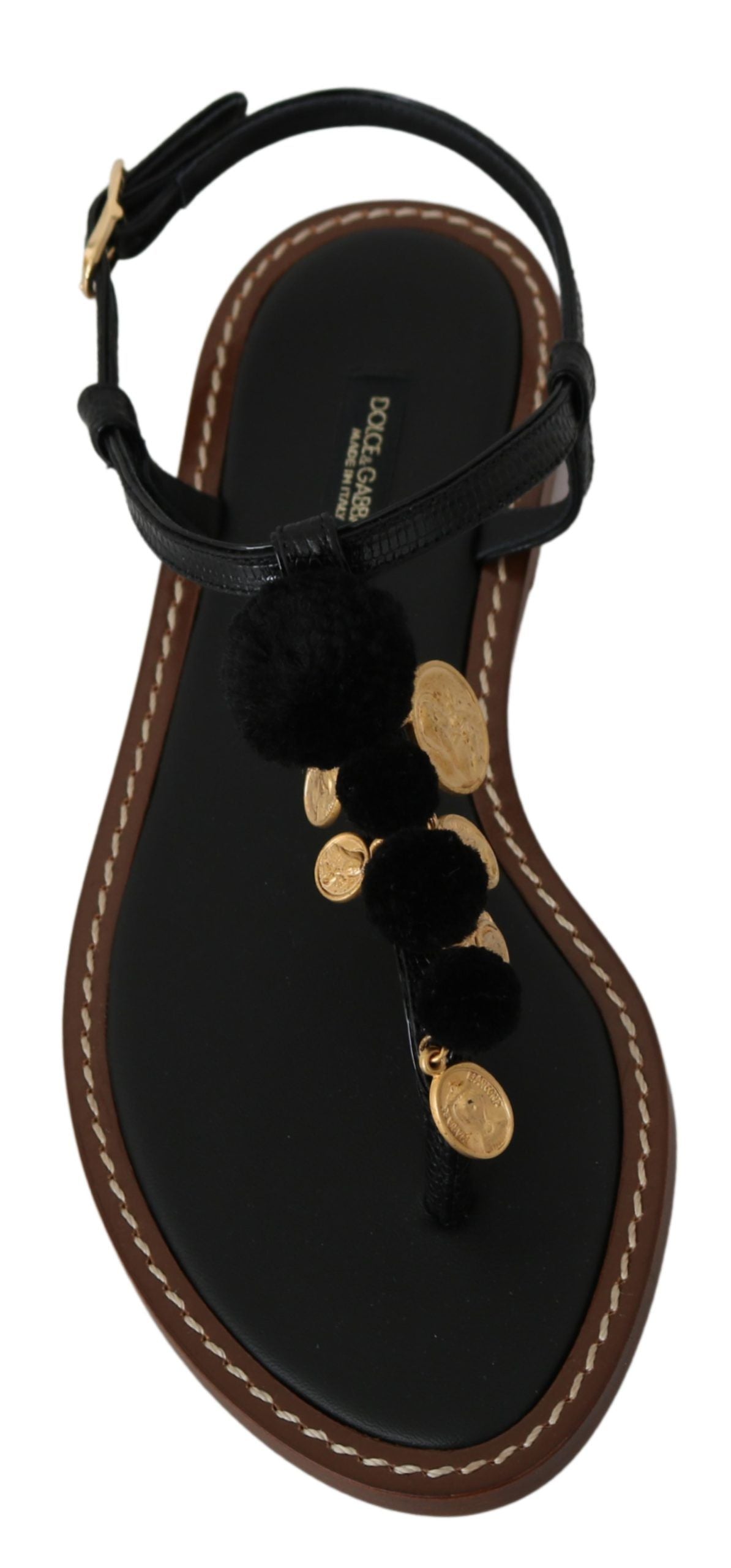 Dolce & Gabbana Black Leather Coins Flip Flops Sandals Shoes | Regal Royce
