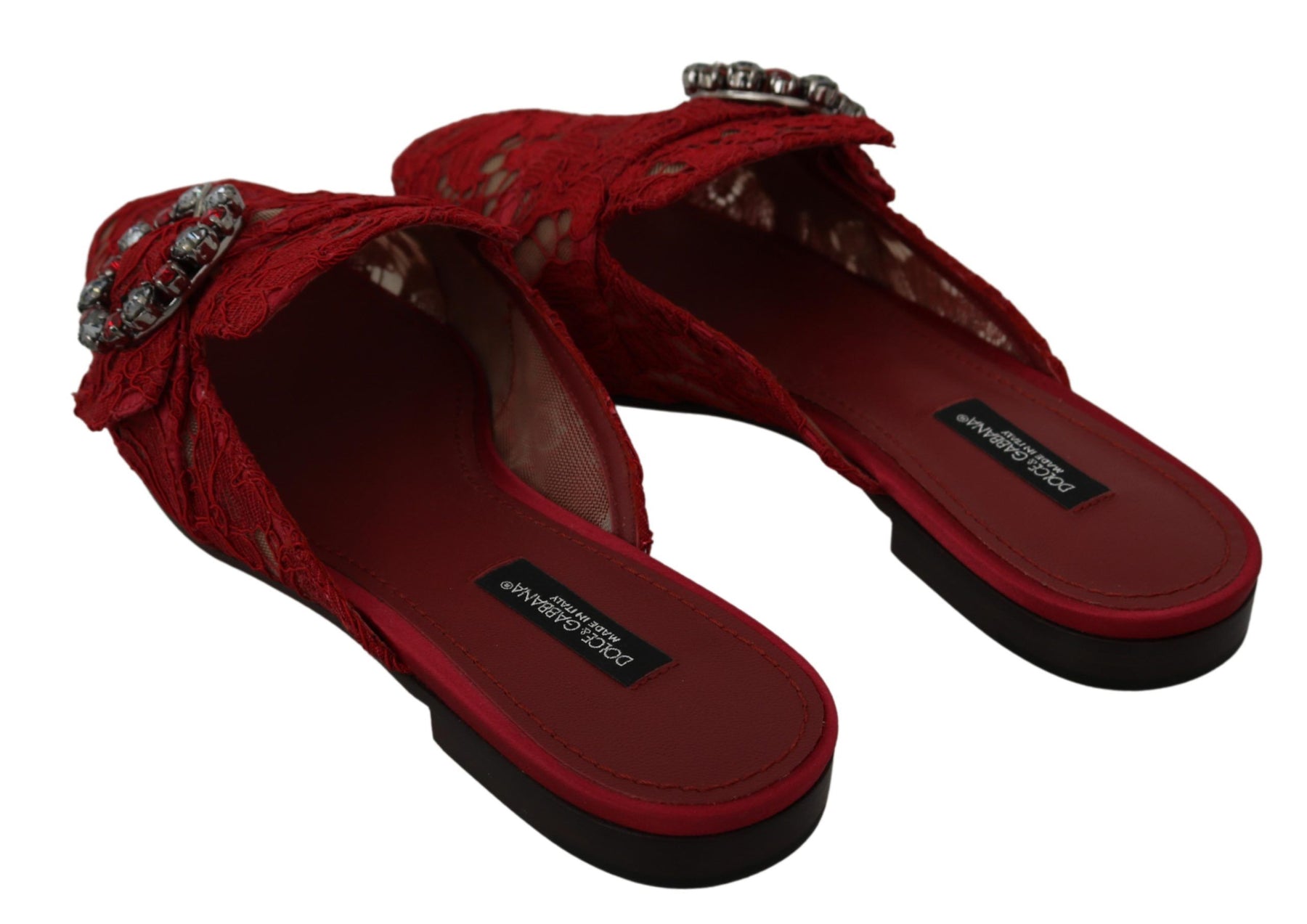 Dolce & Gabbana Red Lace Crystal Slide On Flats Shoes | Regal Royce