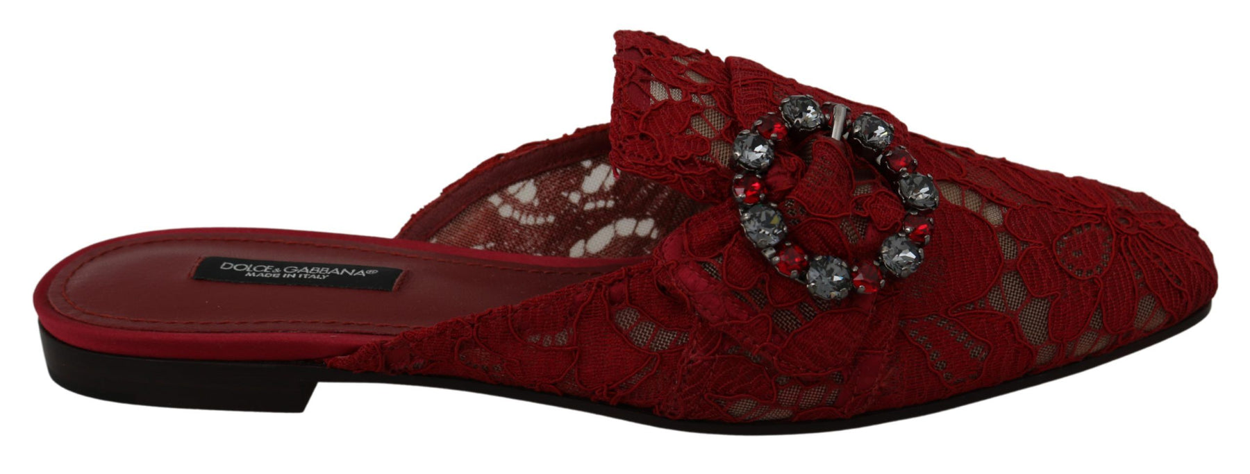 Dolce & Gabbana Red Lace Crystal Slide On Flats Shoes | Regal Royce