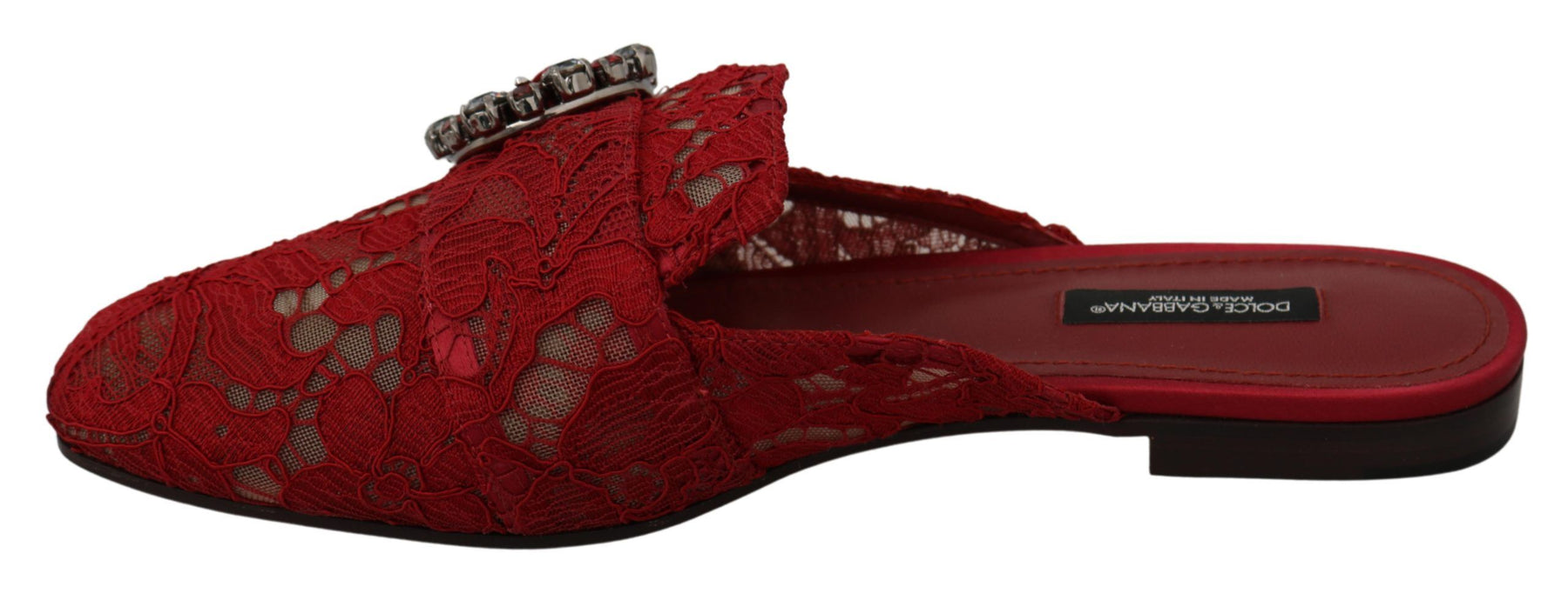 Dolce & Gabbana Red Lace Crystal Slide On Flats Shoes | Regal Royce