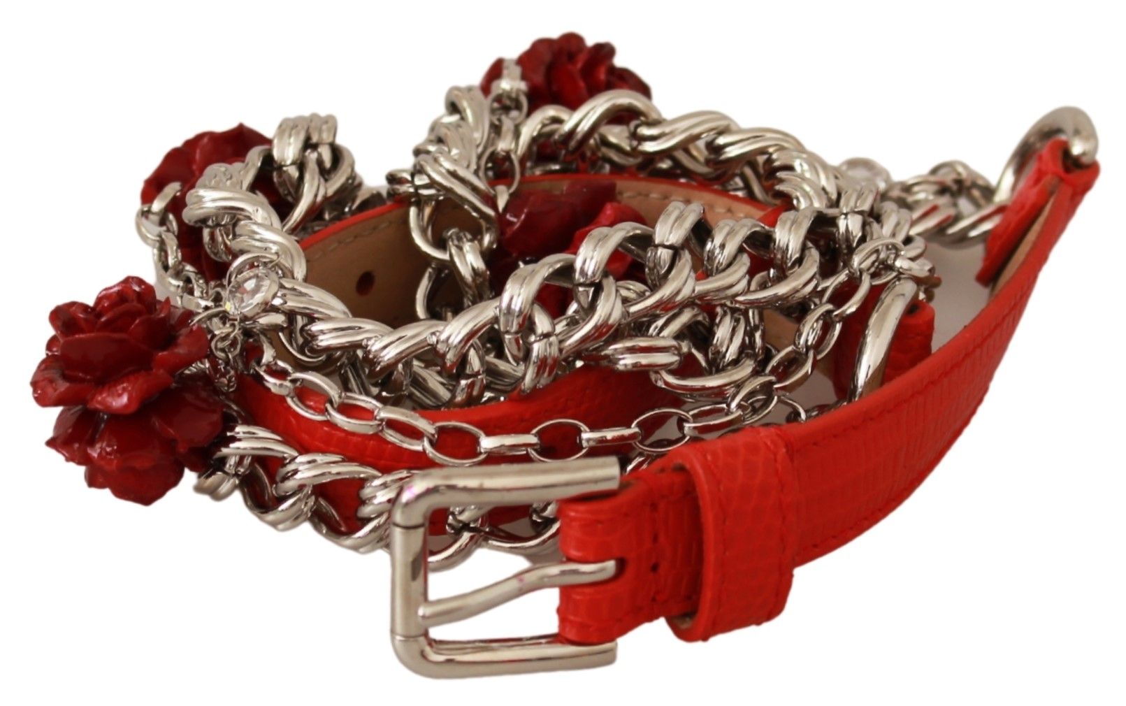 Dolce & Gabbana Red Leather Roses Floral Silver Waist Belt | Regal Royce