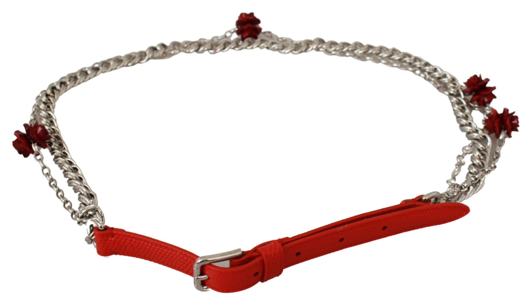 Dolce & Gabbana Red Leather Roses Floral Silver Waist Belt | Regal Royce