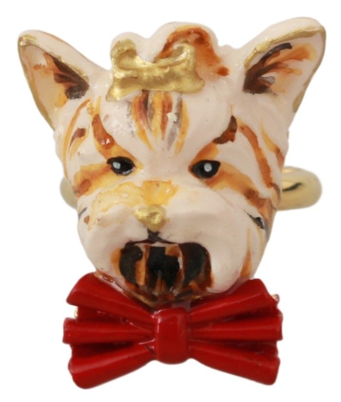 Dolce & Gabbana Gold Brass Resin Beige Dog Pet Branded Accessory Ring | Regal Royce