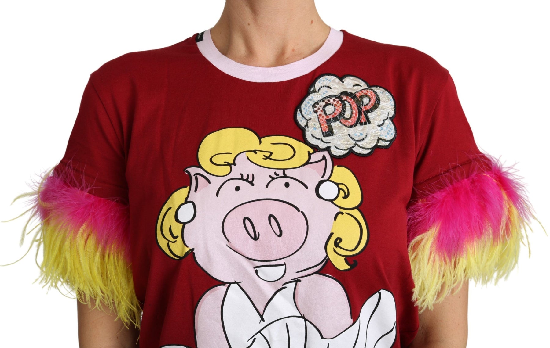 Dolce & Gabbana Red Pig Print Feather Sleeves T-shirt Top | Regal Royce