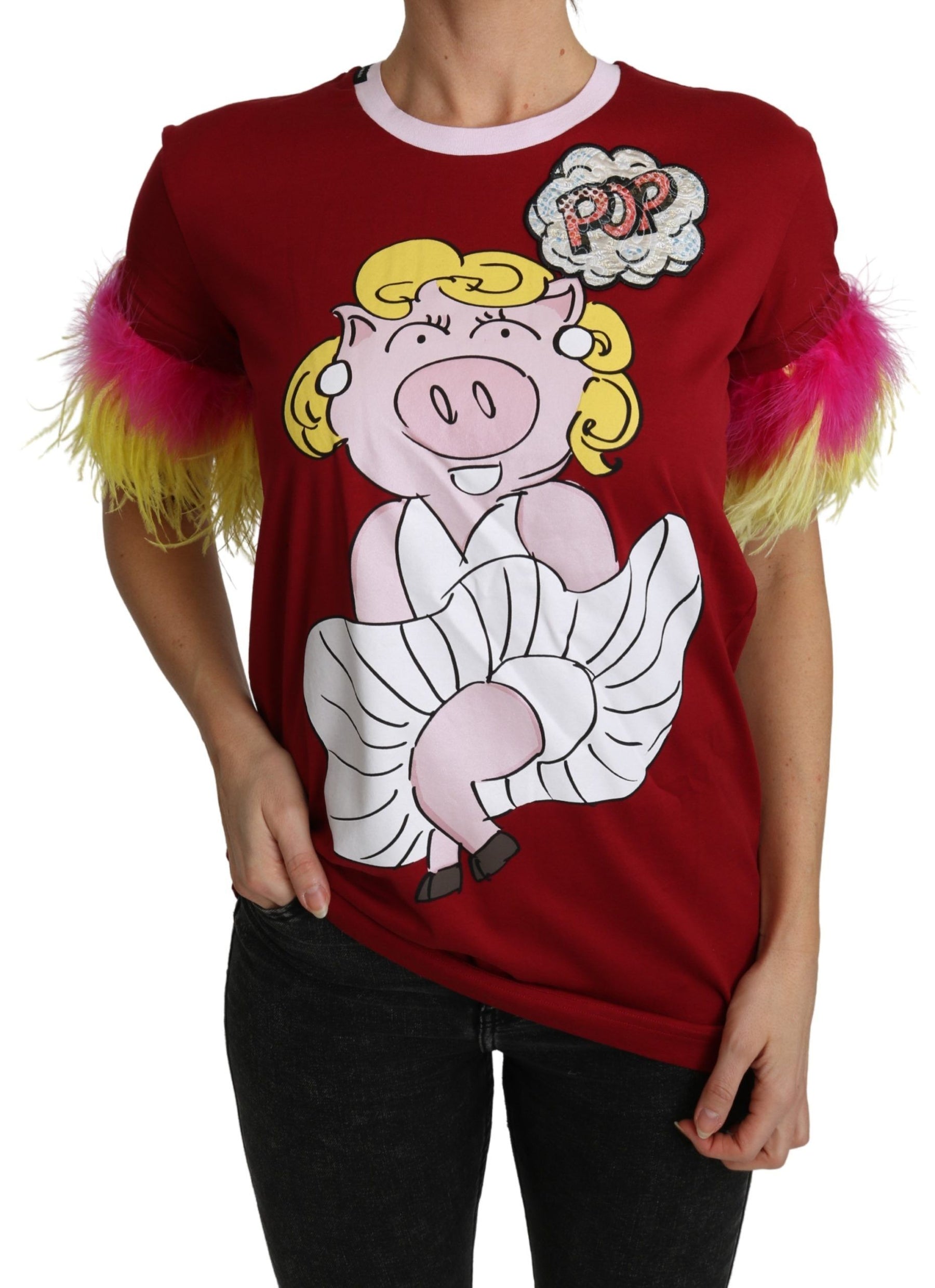 Dolce & Gabbana Red Pig Print Feather Sleeves T-shirt Top | Regal Royce
