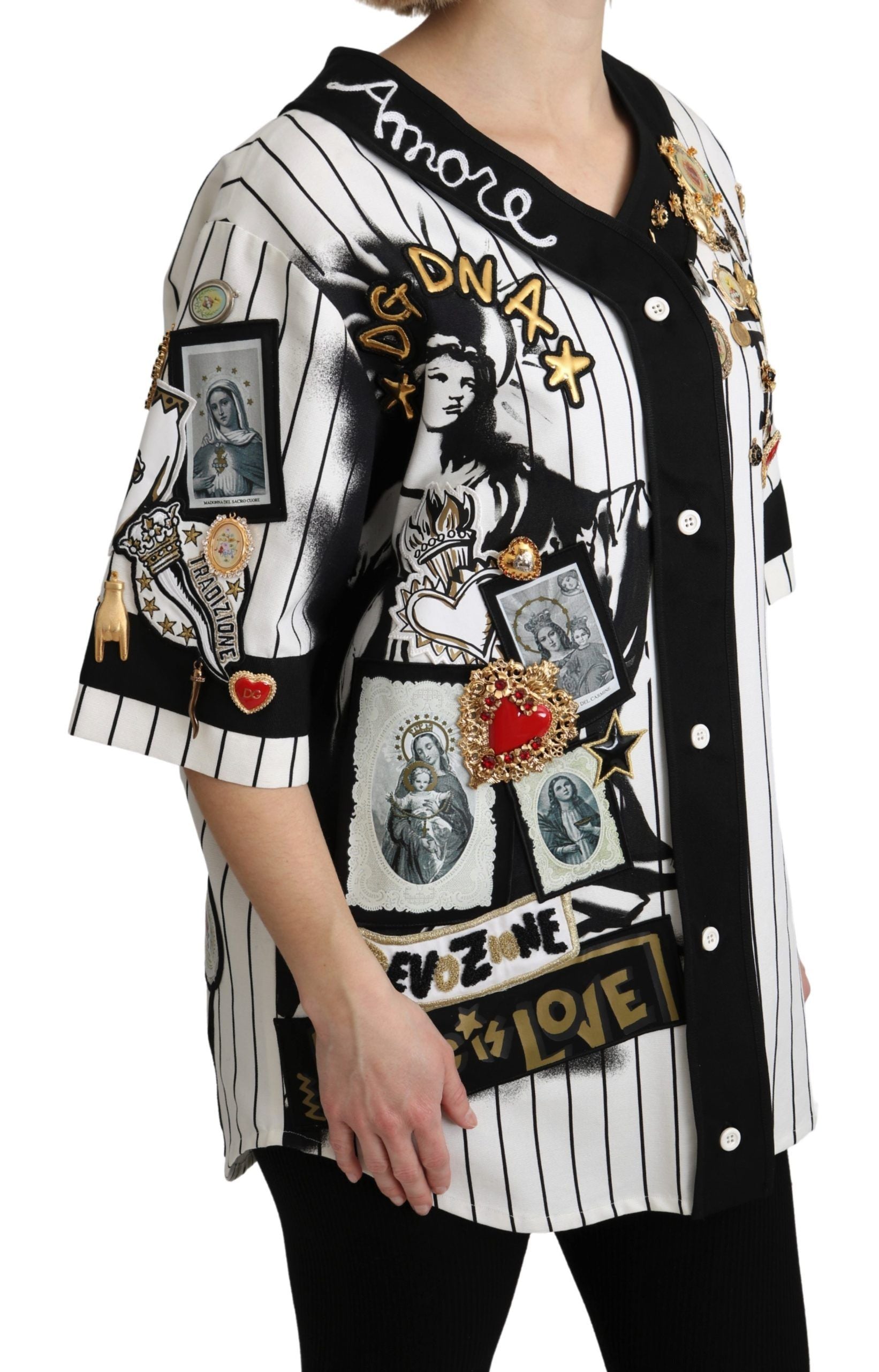 Dolce & Gabbana White and black Blouse Cotton Crystal Charms Amore Shirt | Regal Royce