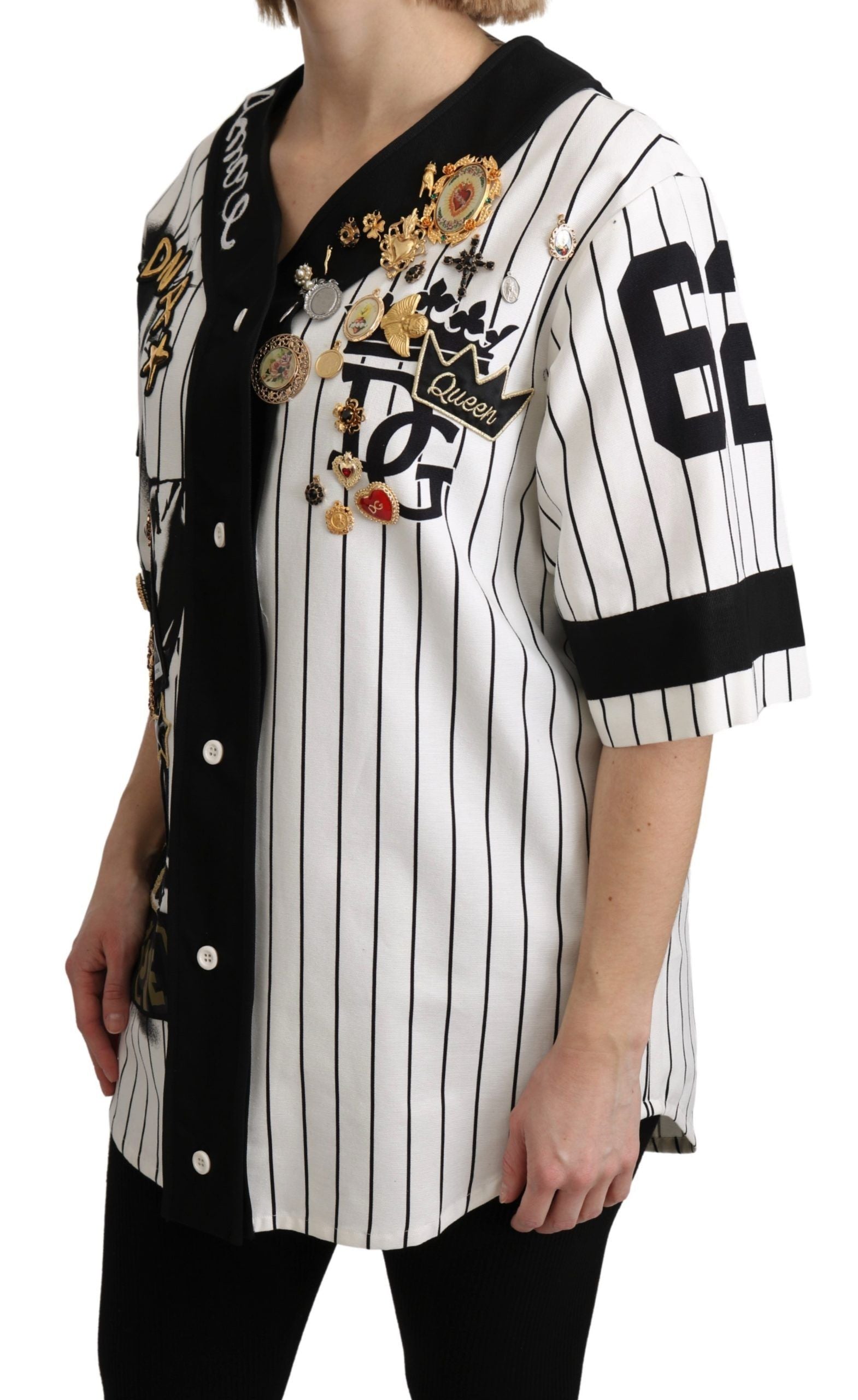 Dolce & Gabbana White and black Blouse Cotton Crystal Charms Amore Shirt | Regal Royce