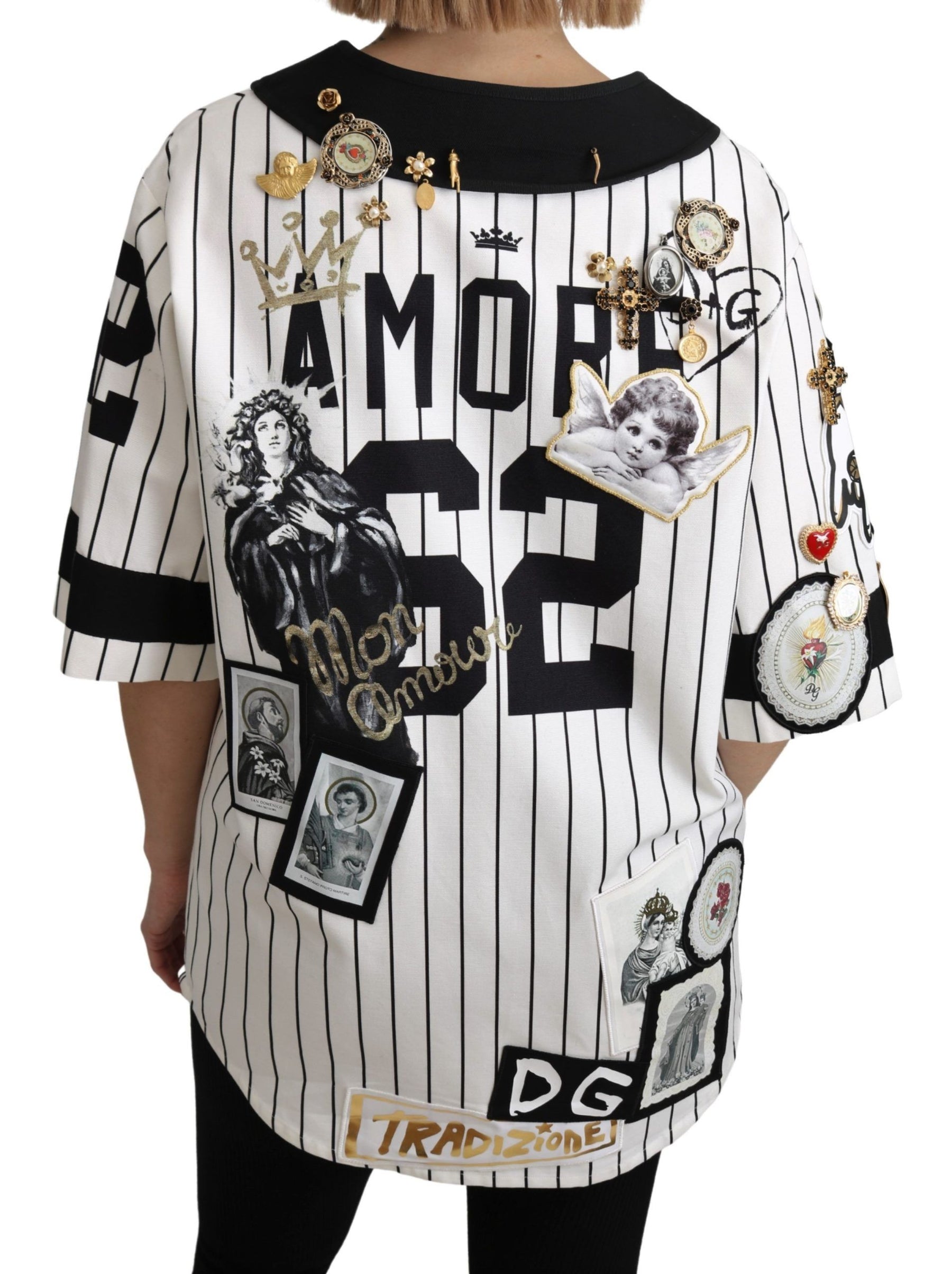 Dolce & Gabbana White and black Blouse Cotton Crystal Charms Amore Shirt | Regal Royce