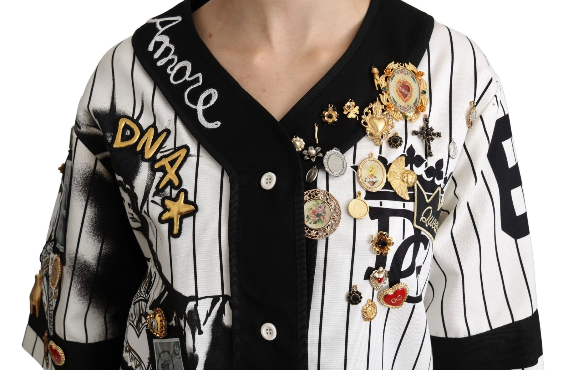 Dolce & Gabbana White and black Blouse Cotton Crystal Charms Amore Shirt | Regal Royce