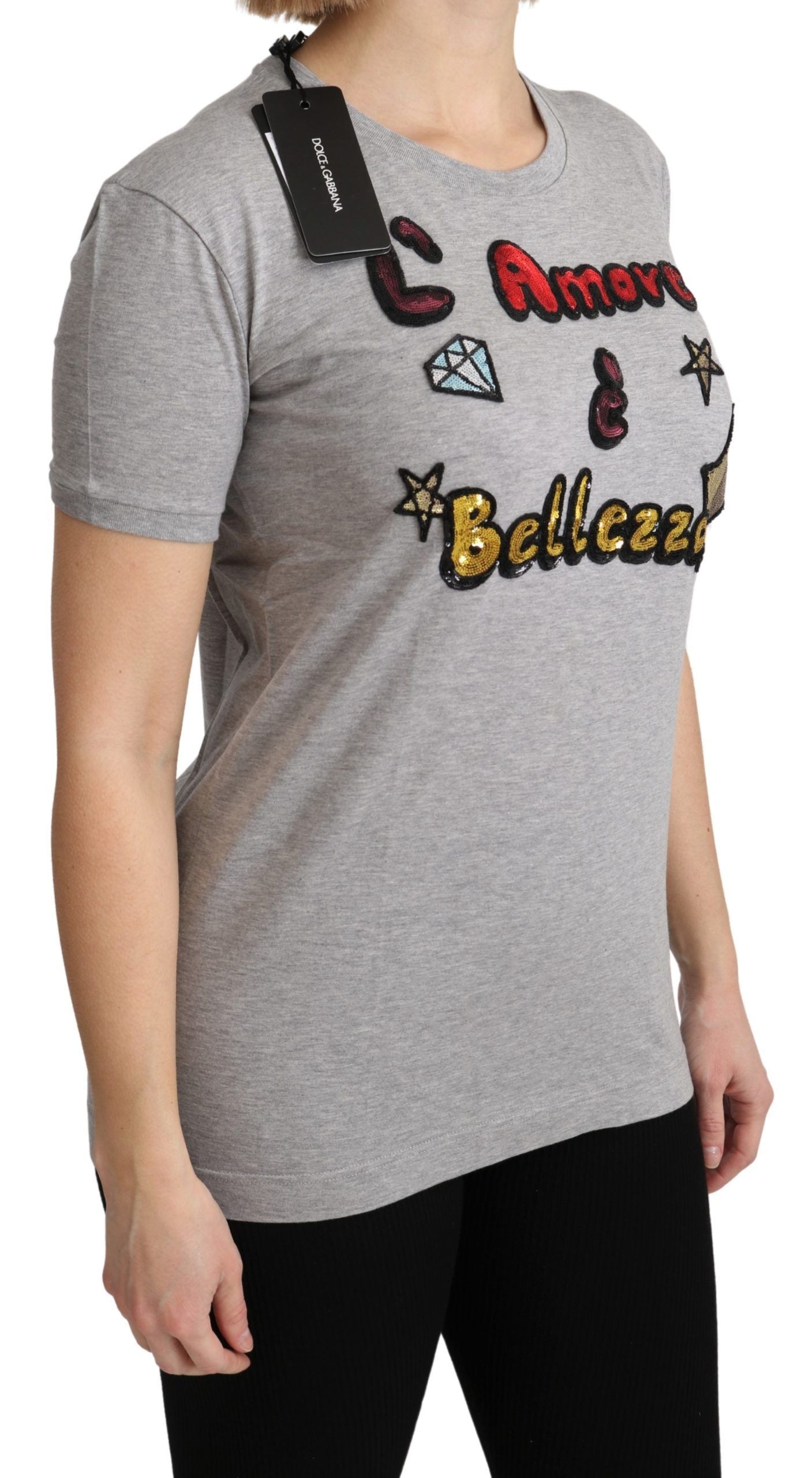 Dolce & Gabbana Gray Cotton Amore e Bellezza Top T-shirt | Regal Royce