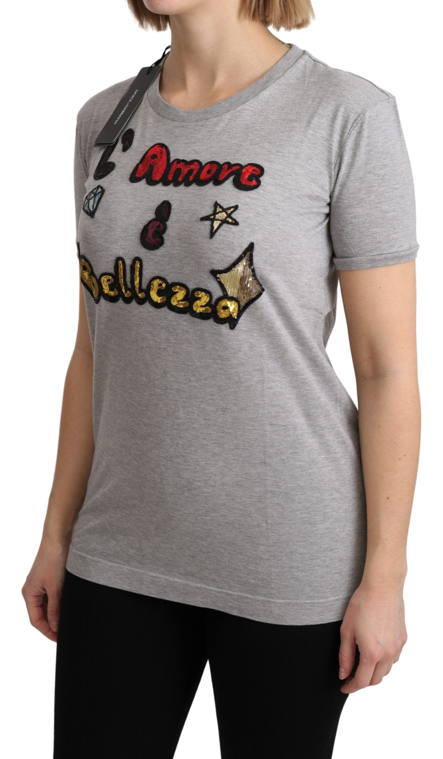 Dolce & Gabbana Gray Cotton Amore e Bellezza Top T-shirt | Regal Royce