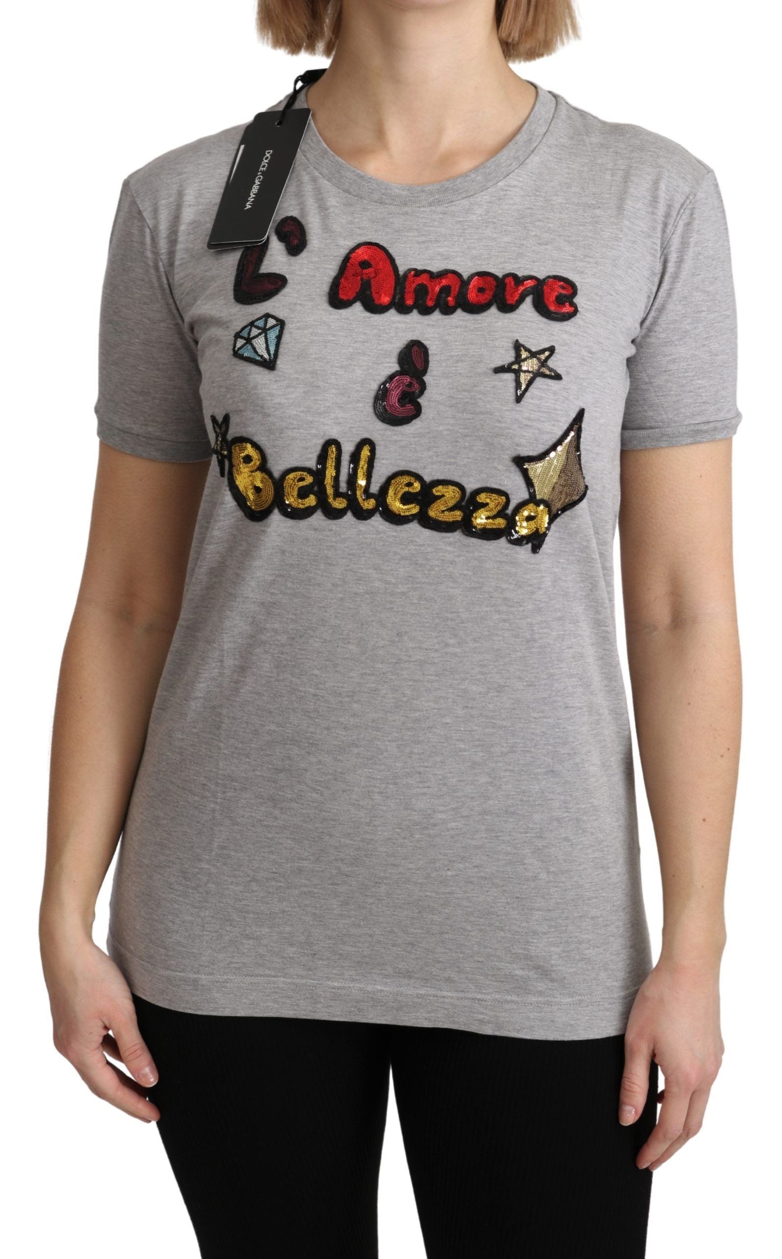 Dolce & Gabbana Gray Cotton Amore e Bellezza Top T-shirt | Regal Royce