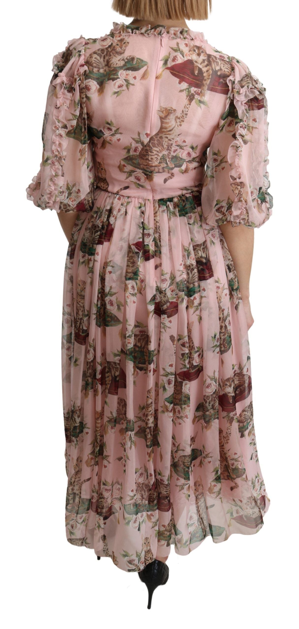 Dolce & Gabbana Pink Bengal Cat Print A-line Maxi Silk  Dress | Regal Royce
