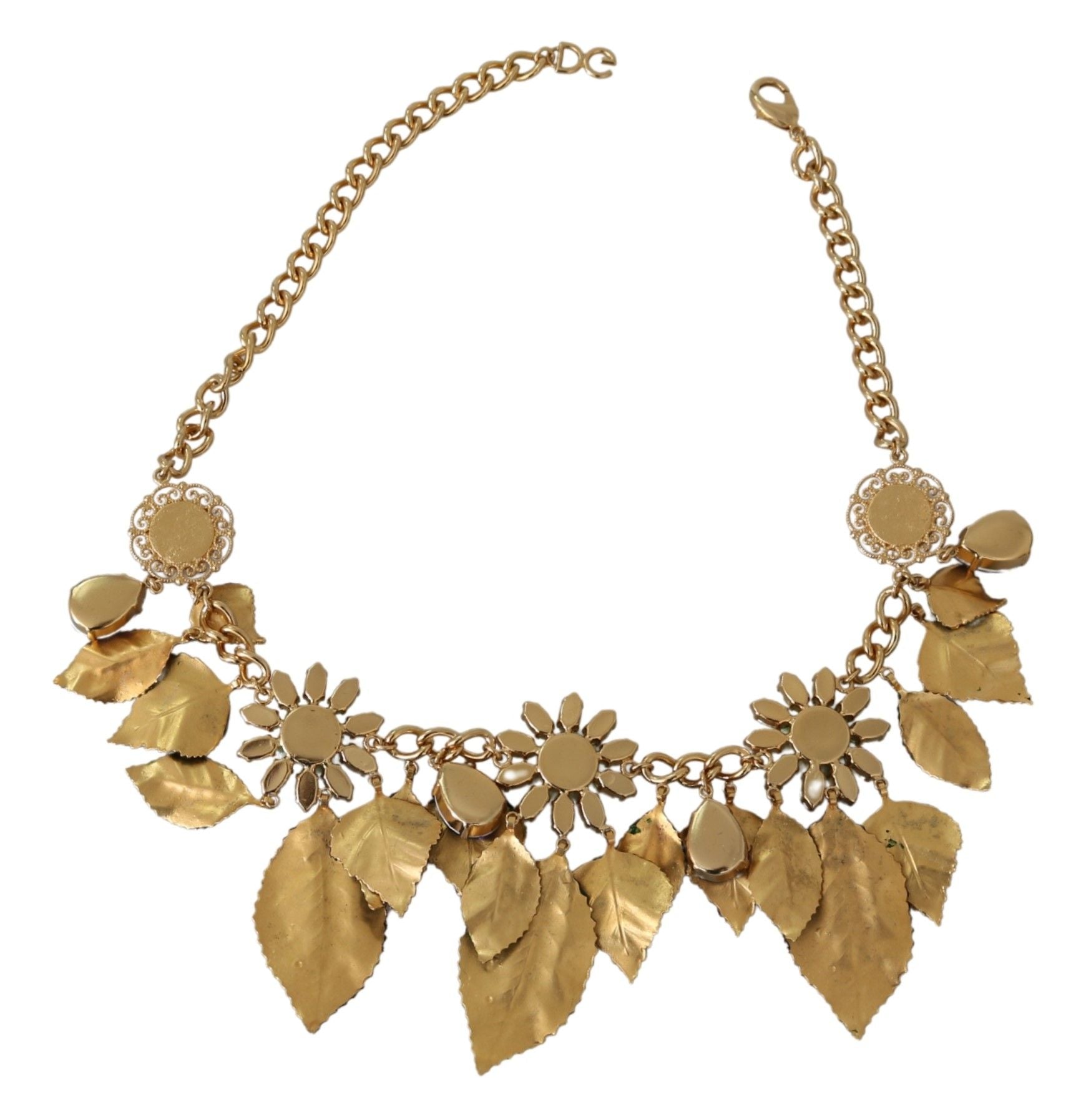 Dolce & Gabbana Green Leaves Gold Brass Crystal Flower Pendant Necklace | Regal Royce