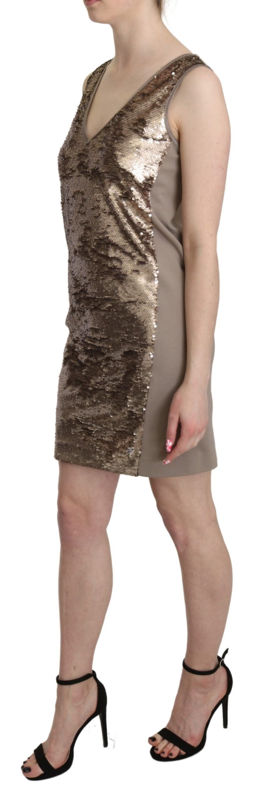 Liu Jo Brown Sequined V-neck Sleeveless Sheath Mini Dress | Regal Royce