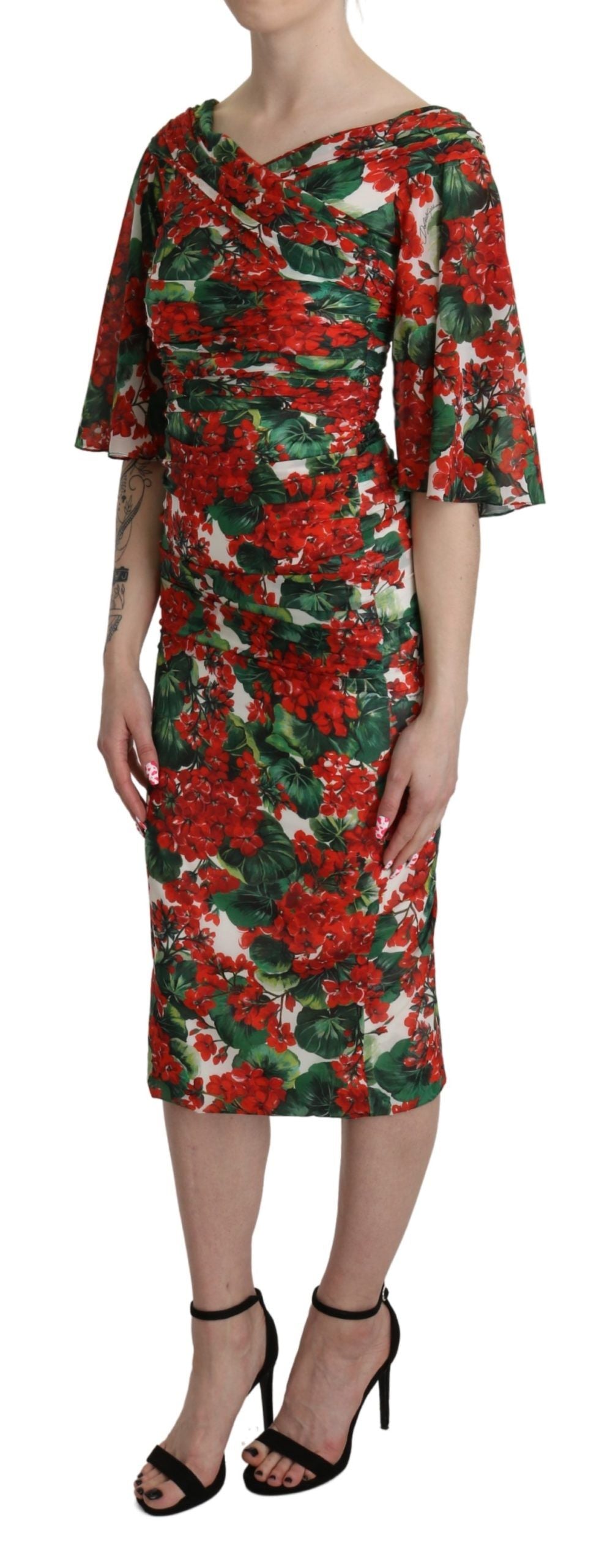 Dolce & Gabbana Red Floral Sheath Midi Silk Stretch Dress | Regal Royce