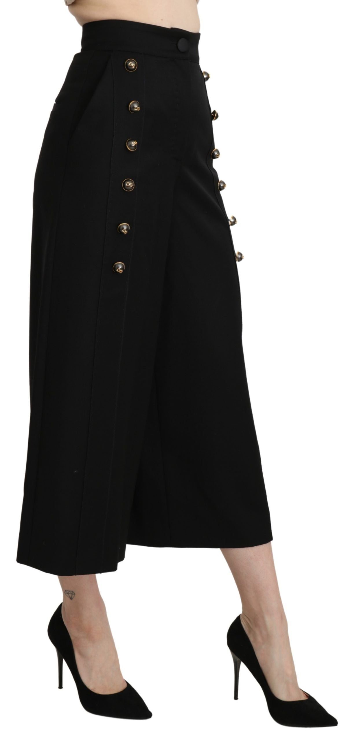 Dolce & Gabbana Black Wide Wool Leg Cropped Trouser Pant | Regal Royce