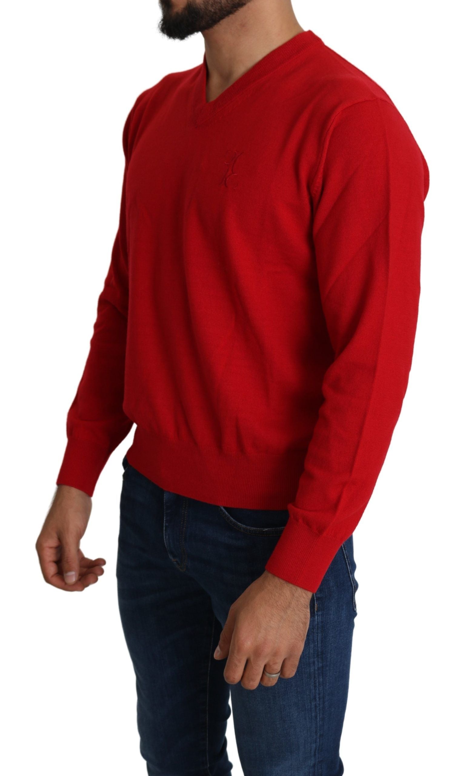 Billionaire Italian Couture Red V-neck Wool Sweatshirt Pullover Sweater | Regal Royce