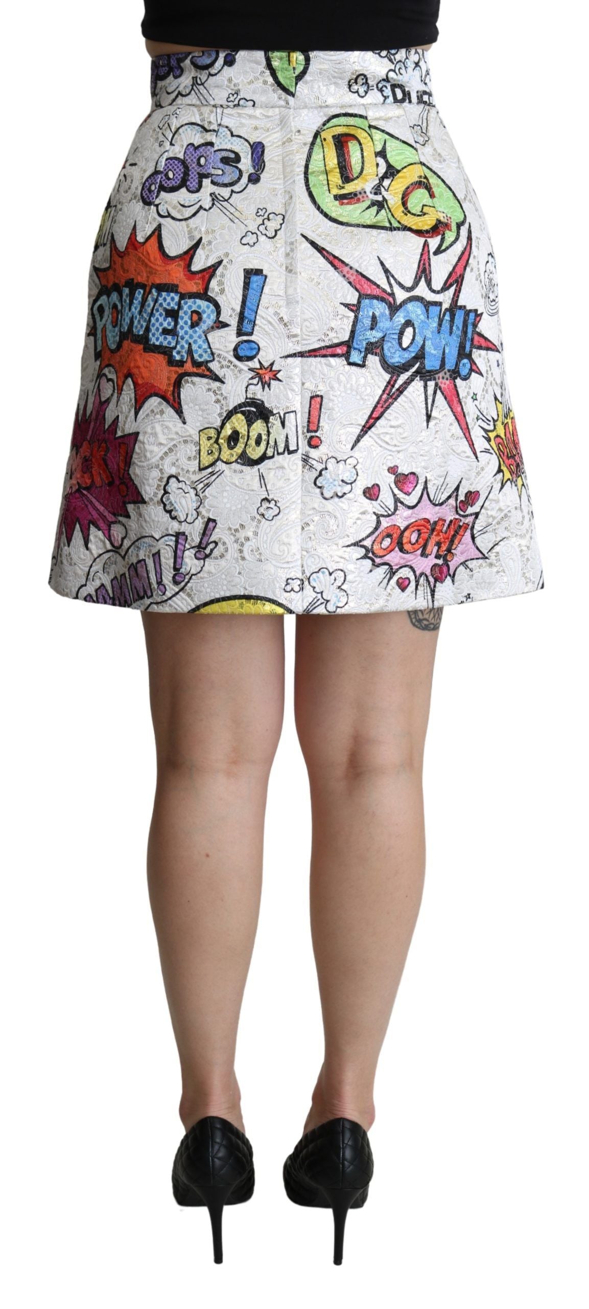 Dolce & Gabbana White Cartoon Brocade A-line High Waist Skirt | Regal Royce