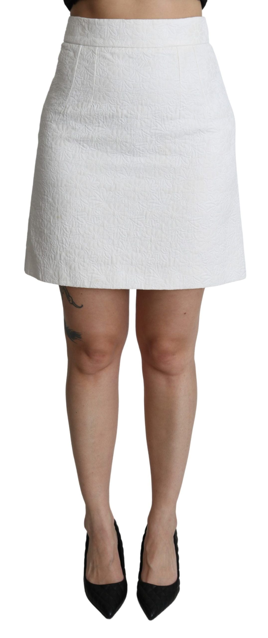 Dolce & Gabbana White Floral High Waist Mini Brocade Skirt | Regal Royce