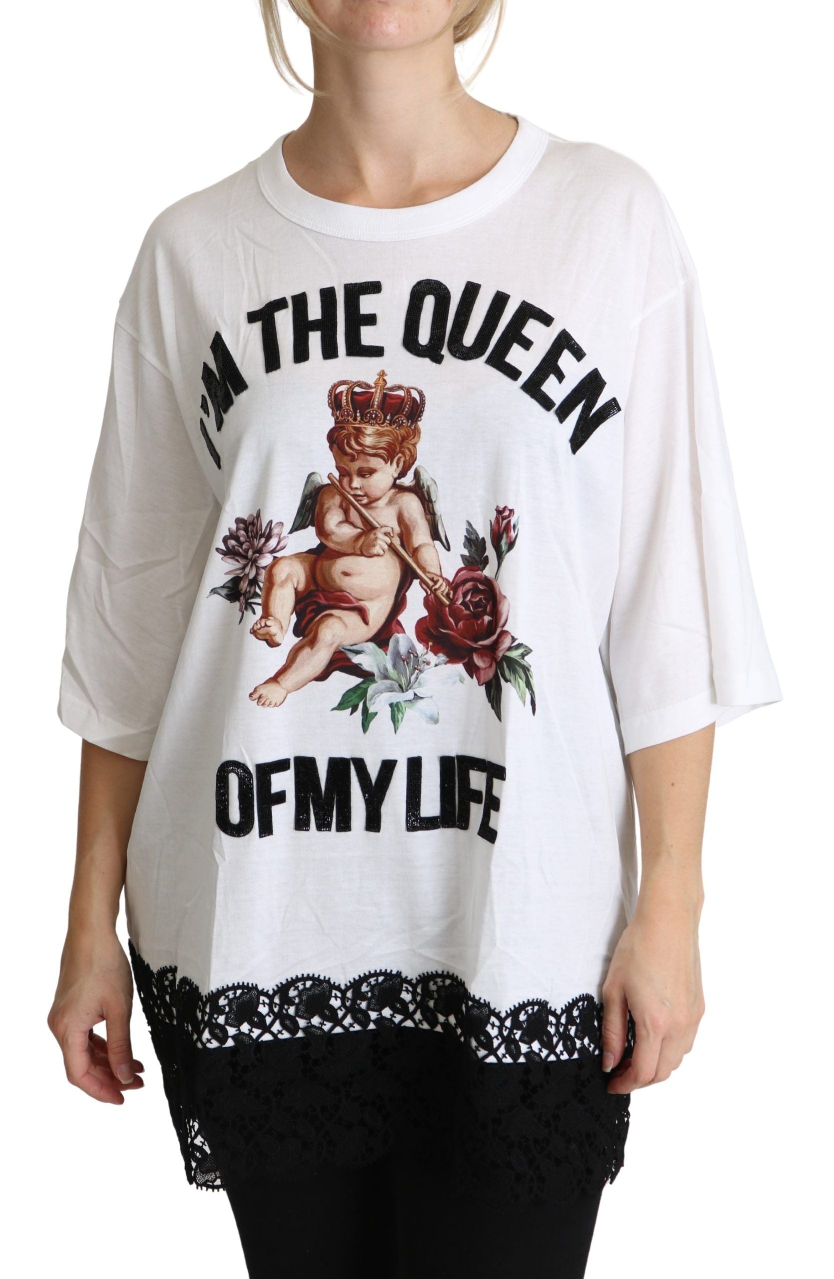 Dolce & Gabbana White Angel Print Cotton Round Neck Shirt Tops | Regal Royce