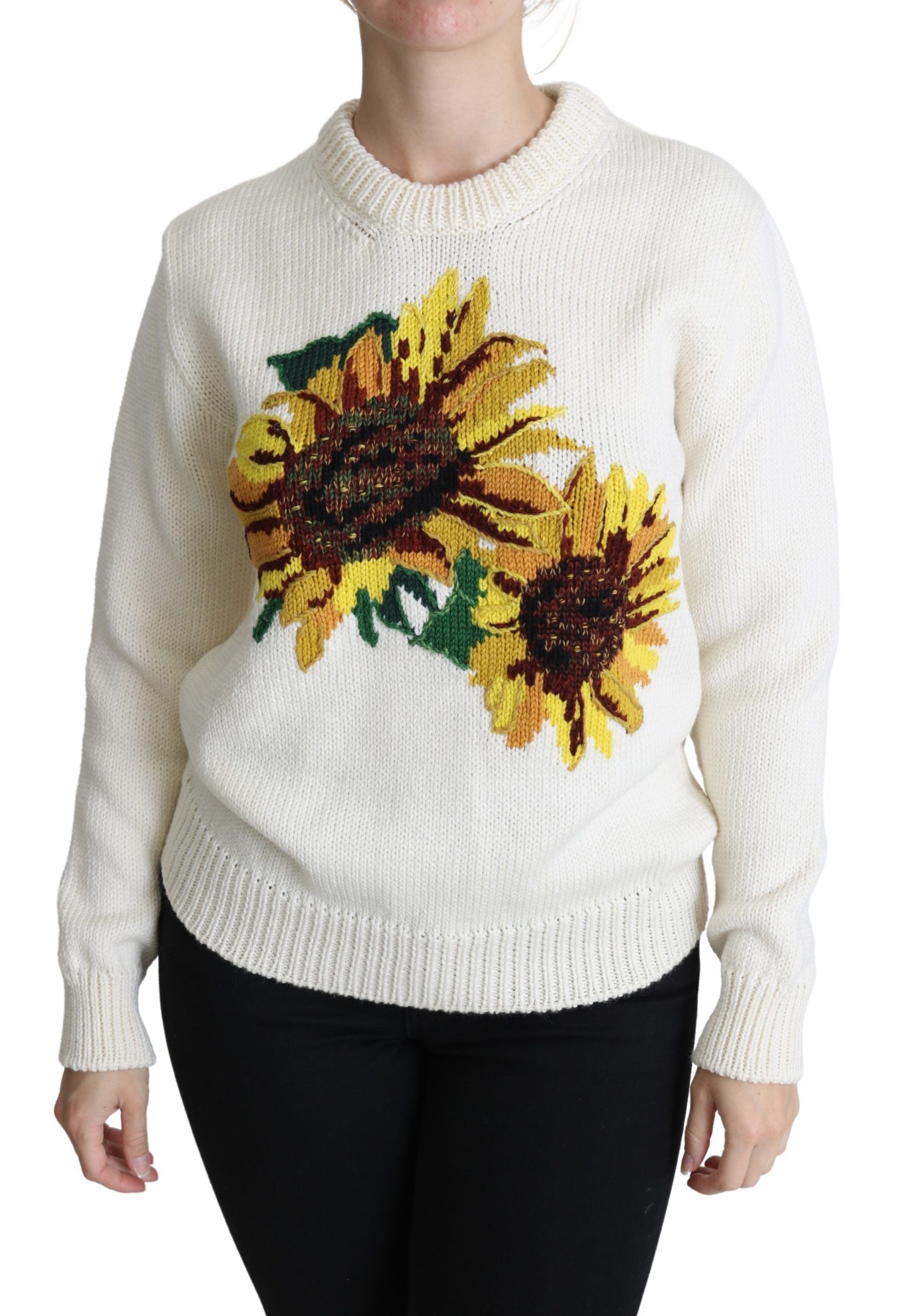 Dolce & Gabbana White Floral Wool Pullover Sunflower Sweater | Regal Royce