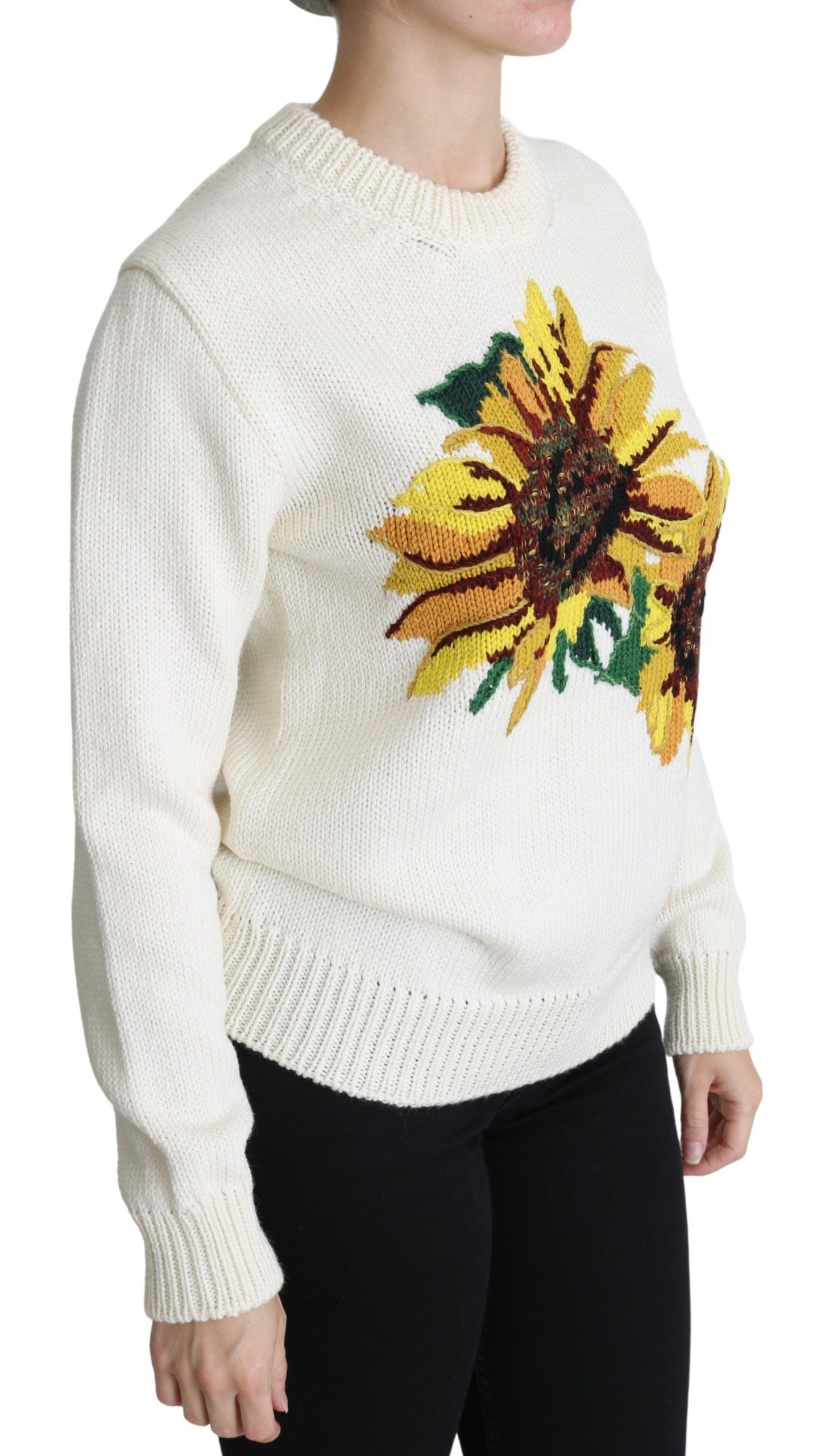 Dolce & Gabbana White Floral Wool Pullover Sunflower Sweater | Regal Royce