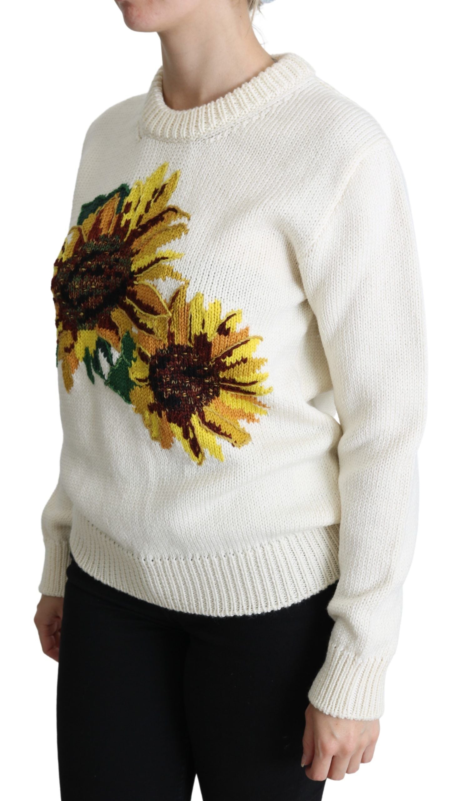 Dolce & Gabbana White Floral Wool Pullover Sunflower Sweater | Regal Royce
