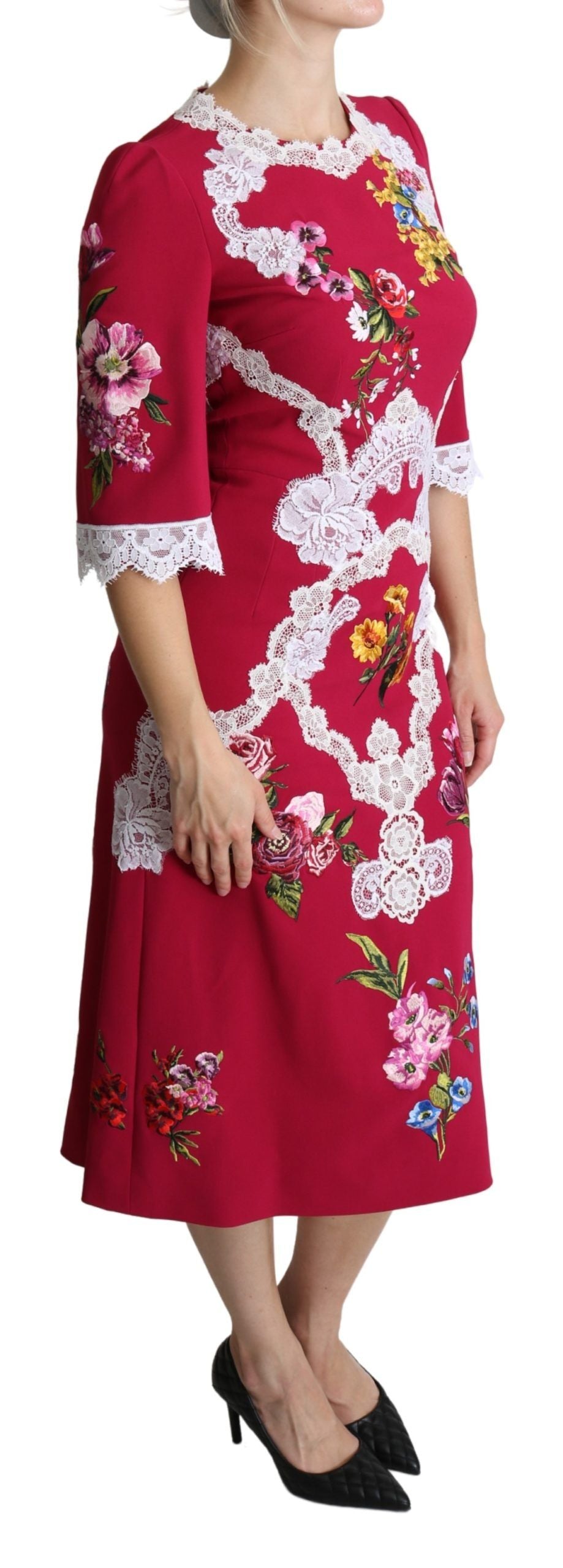Dolce & Gabbana Red Floral Embroidered Sheath Midi Dress | Regal Royce