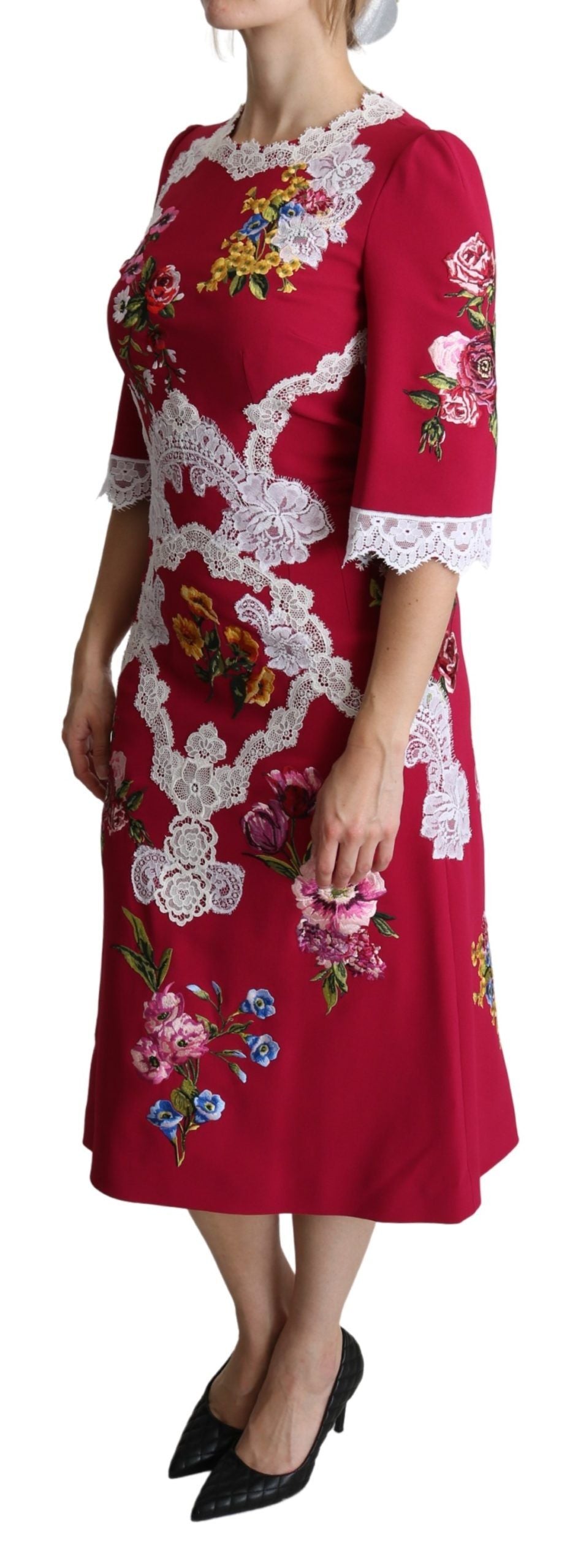 Dolce & Gabbana Red Floral Embroidered Sheath Midi Dress | Regal Royce