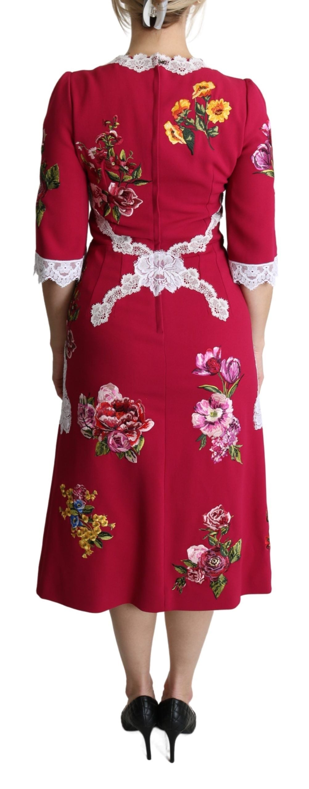 Dolce & Gabbana Red Floral Embroidered Sheath Midi Dress | Regal Royce