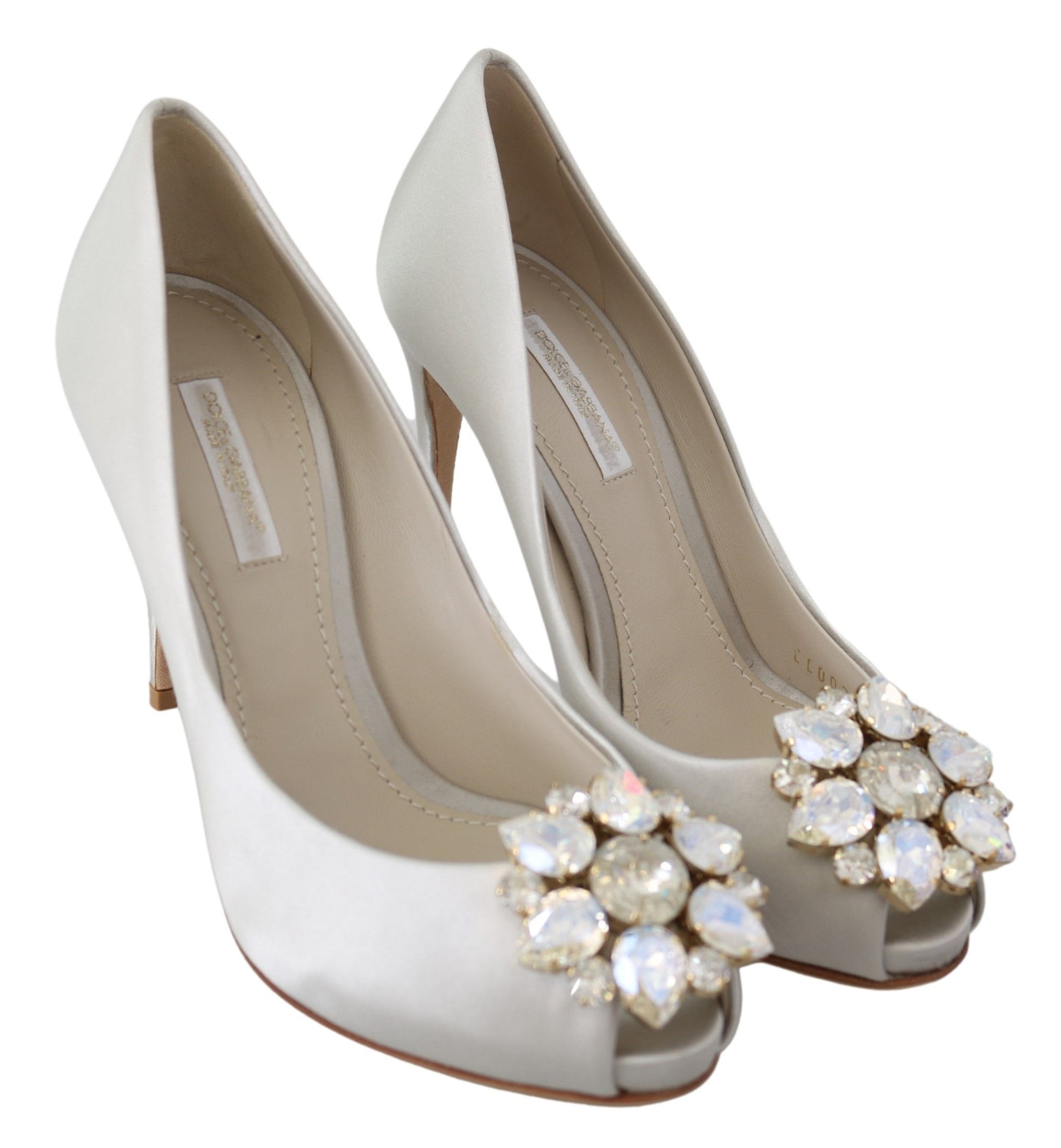 Dolce & Gabbana White Crystals Peep Toe Heels Satin Pumps Shoes | Regal Royce