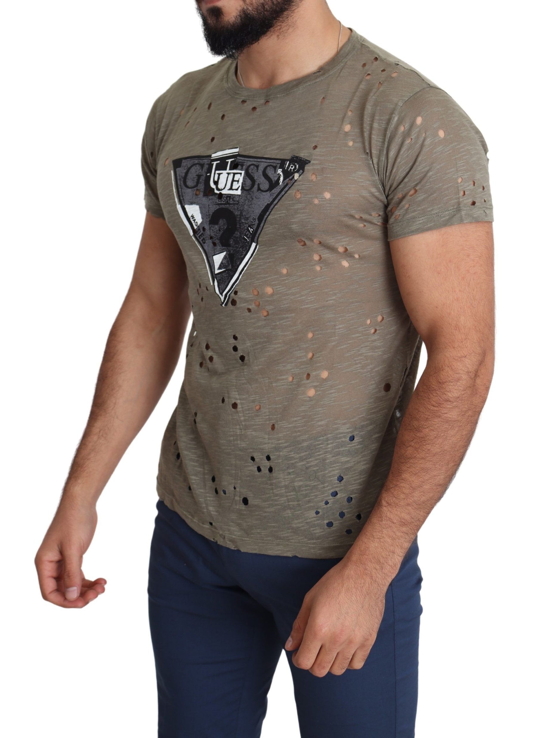 Guess Brown Cotton Stretch Logo Print Men Casual Perforated T-shirt | Regal Royce