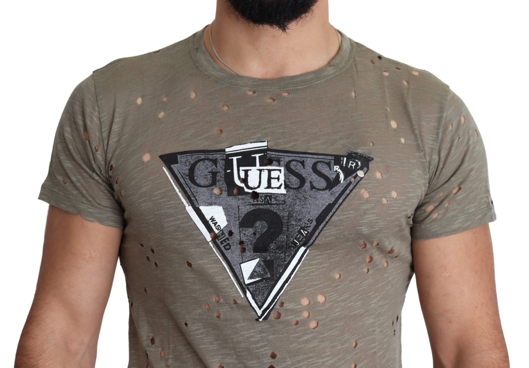 Guess Brown Cotton Stretch Logo Print Men Casual Perforated T-shirt | Regal Royce