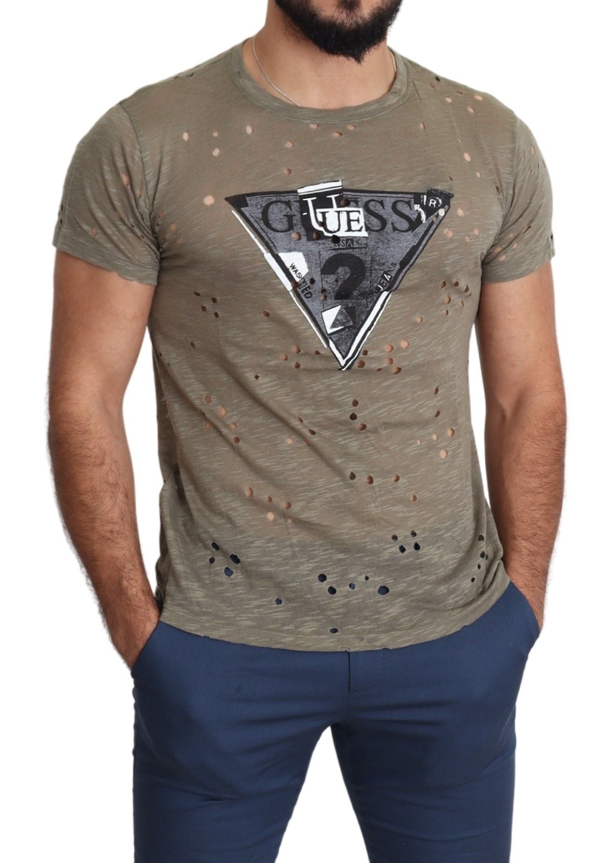 Guess Brown Cotton Stretch Logo Print Men Casual Perforated T-shirt | Regal Royce