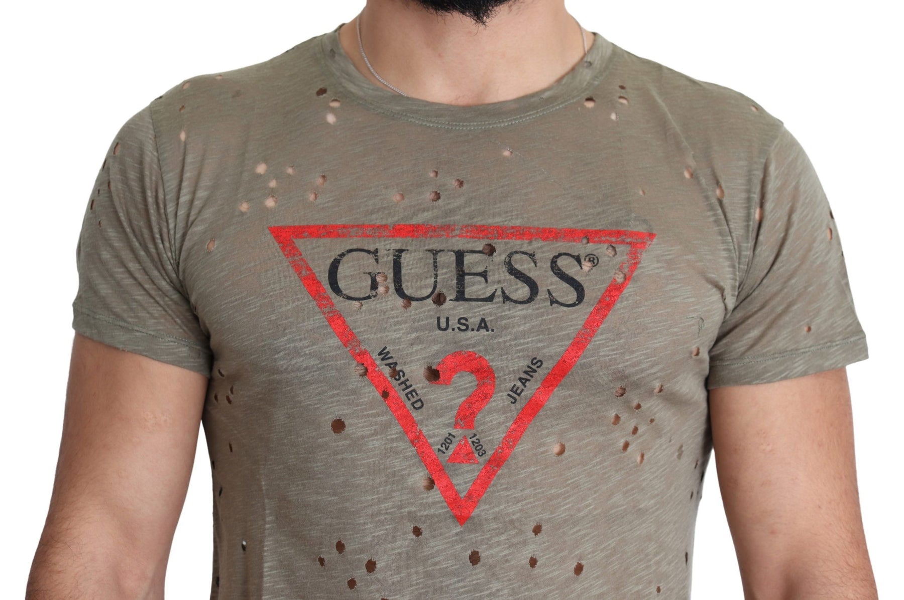 Guess Brown Cotton Stretch Logo Print Men Casual Perforated T-shirt | Regal Royce