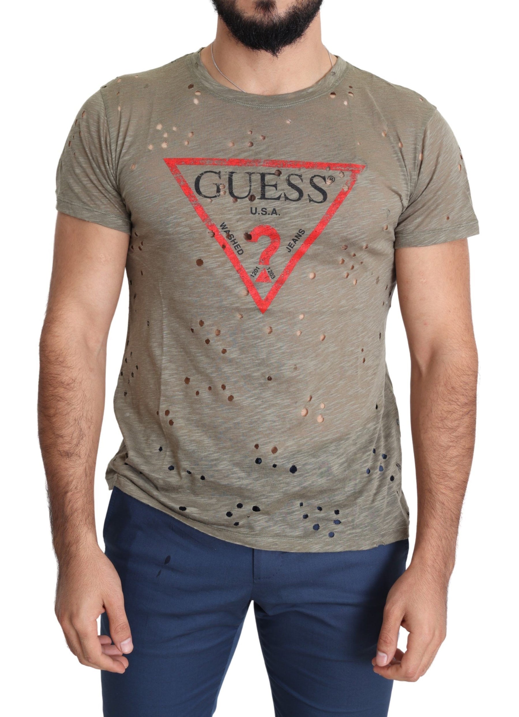 Guess Brown Cotton Stretch Logo Print Men Casual Perforated T-shirt | Regal Royce