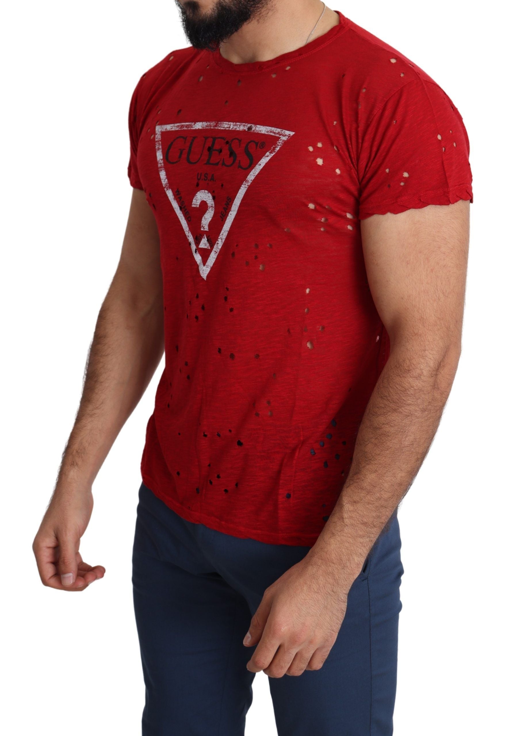 Guess Red Cotton Logo Print Men Casual Top Perforated T-shirt | Regal Royce