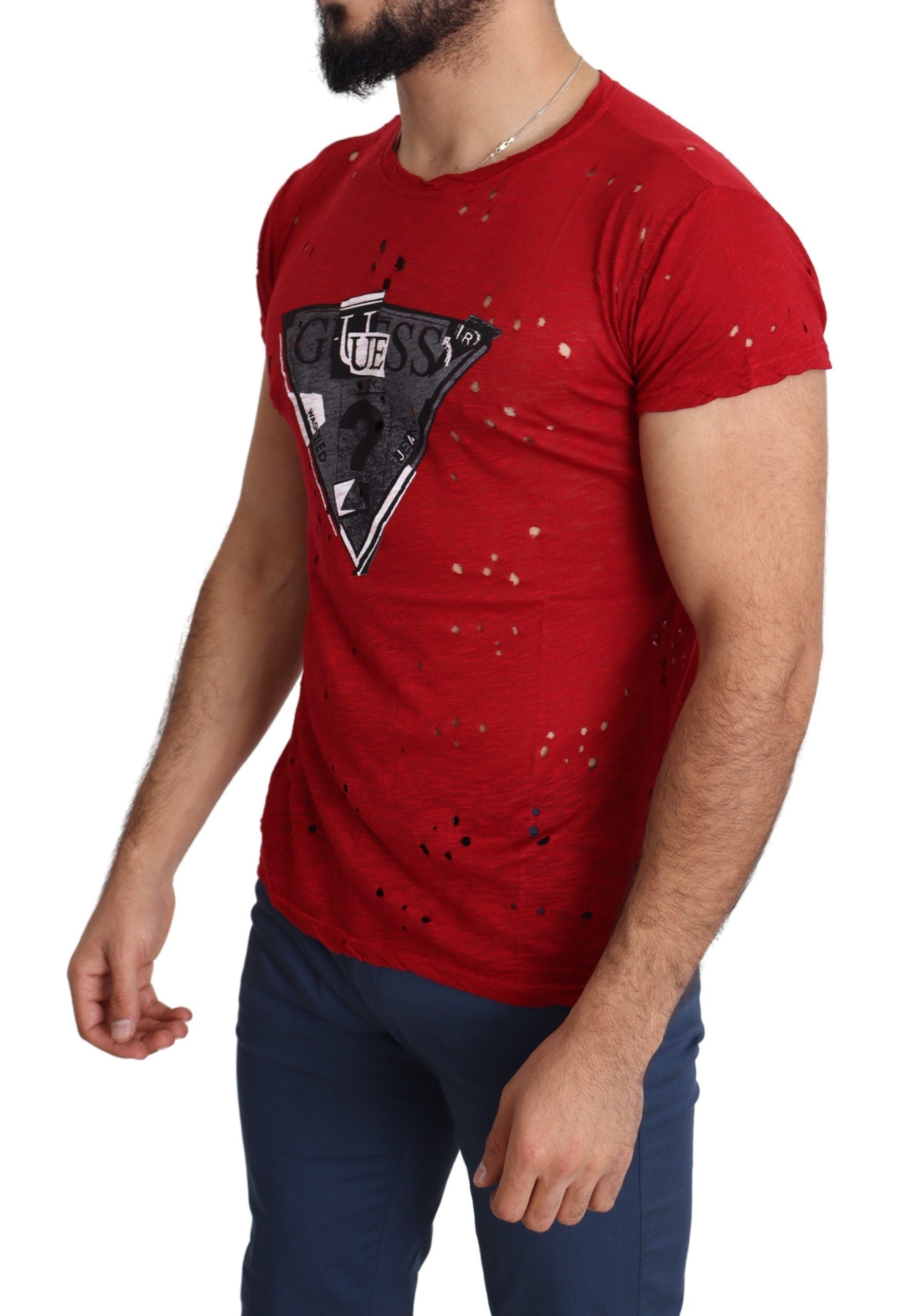 Guess Red Cotton Logo Print Men Casual Top Perforated T-shirt | Regal Royce